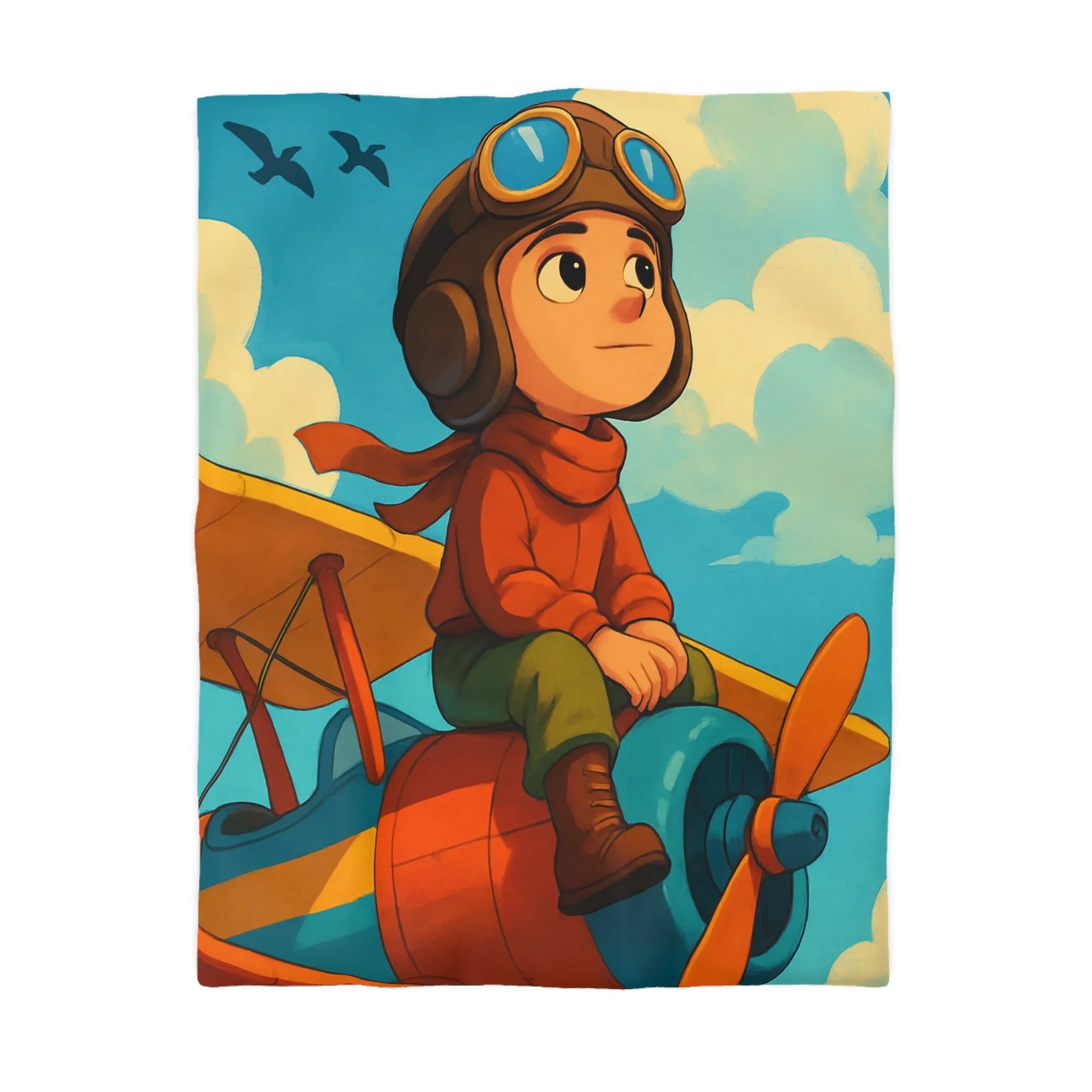 Housse de couette enfantine colorée avec petit aviateur, avion vibrant et ciel bleu