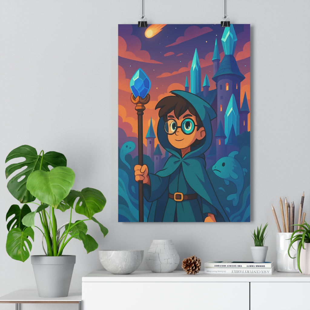 Poster décoratif enchanteur bleu saphir mystique magique chambre enfant cartoon étoilé château bâton ciel