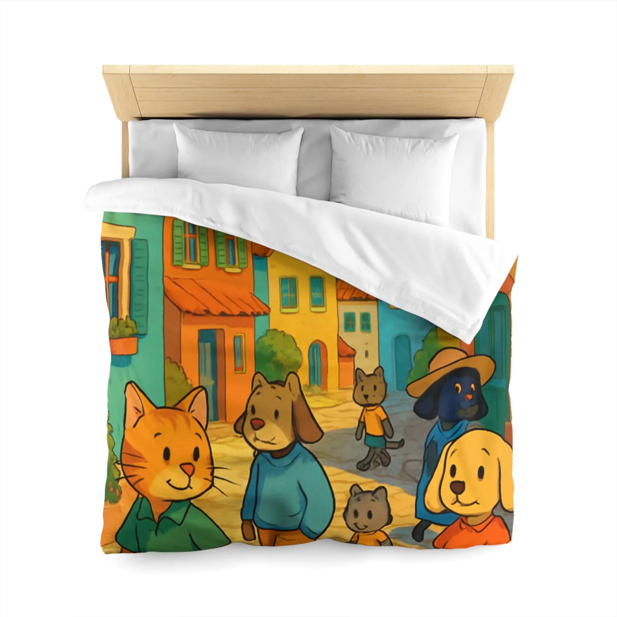 Housse de Couette Colorée avec Animaux Anthropomorphes et Lighthouse sur Rue ensoleillée