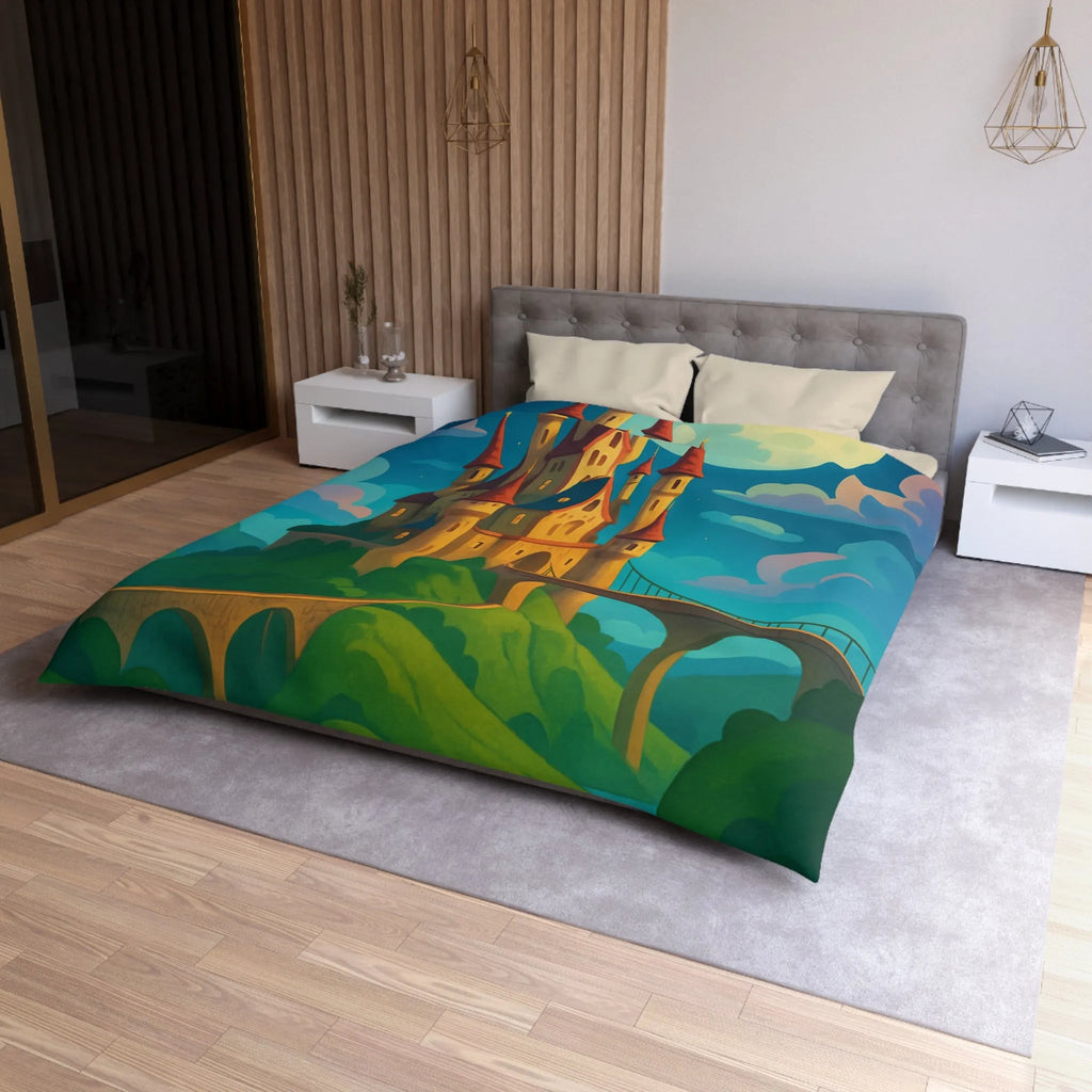 Housse de couette château féerique illuminé par la lune dans un paysage enchanteur nocturne