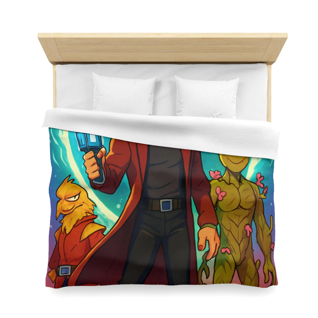 Housse de couette espace avec personnages héroïques colorés et univers rétro futuriste