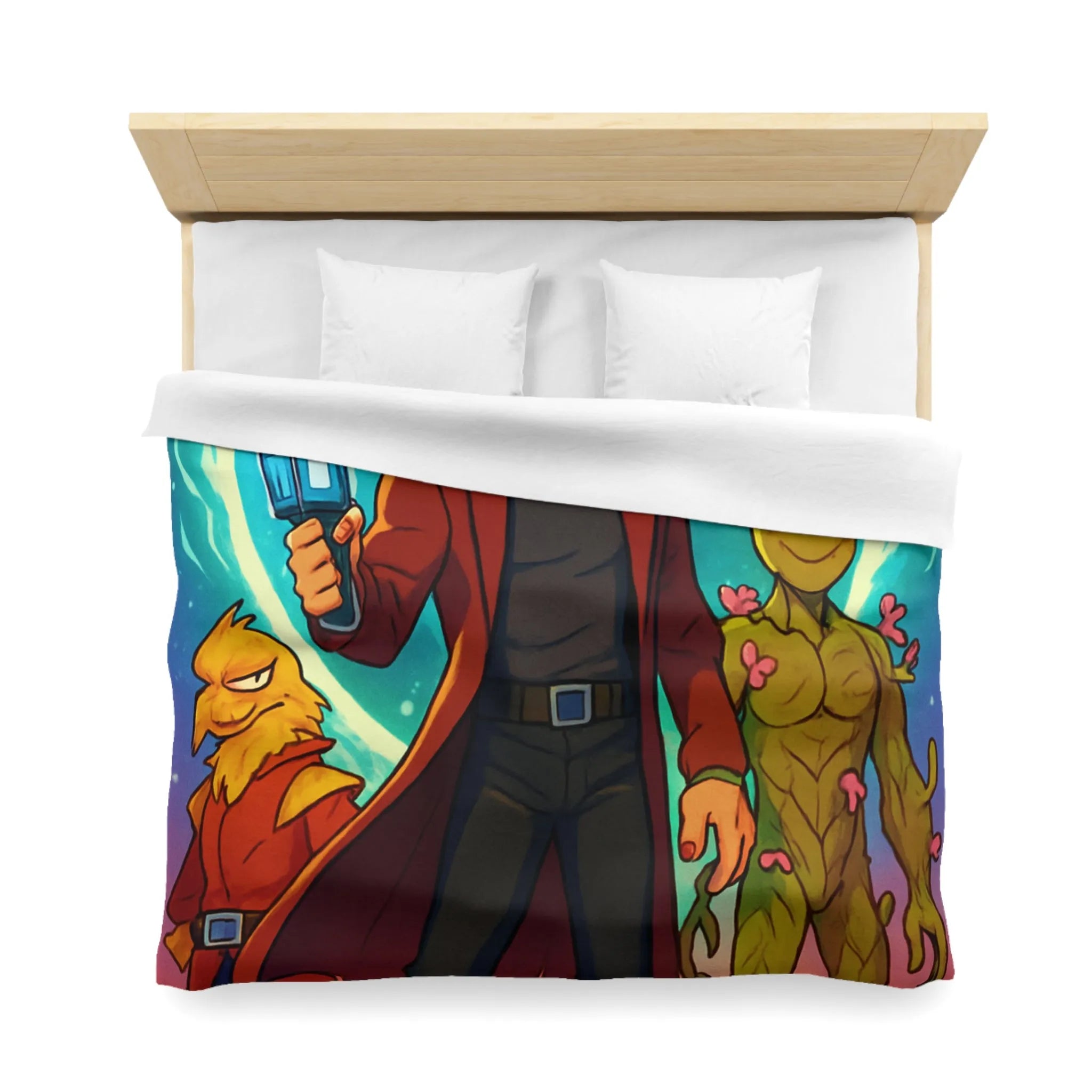 Housse de couette espace avec personnages héroïques colorés et univers rétro futuriste