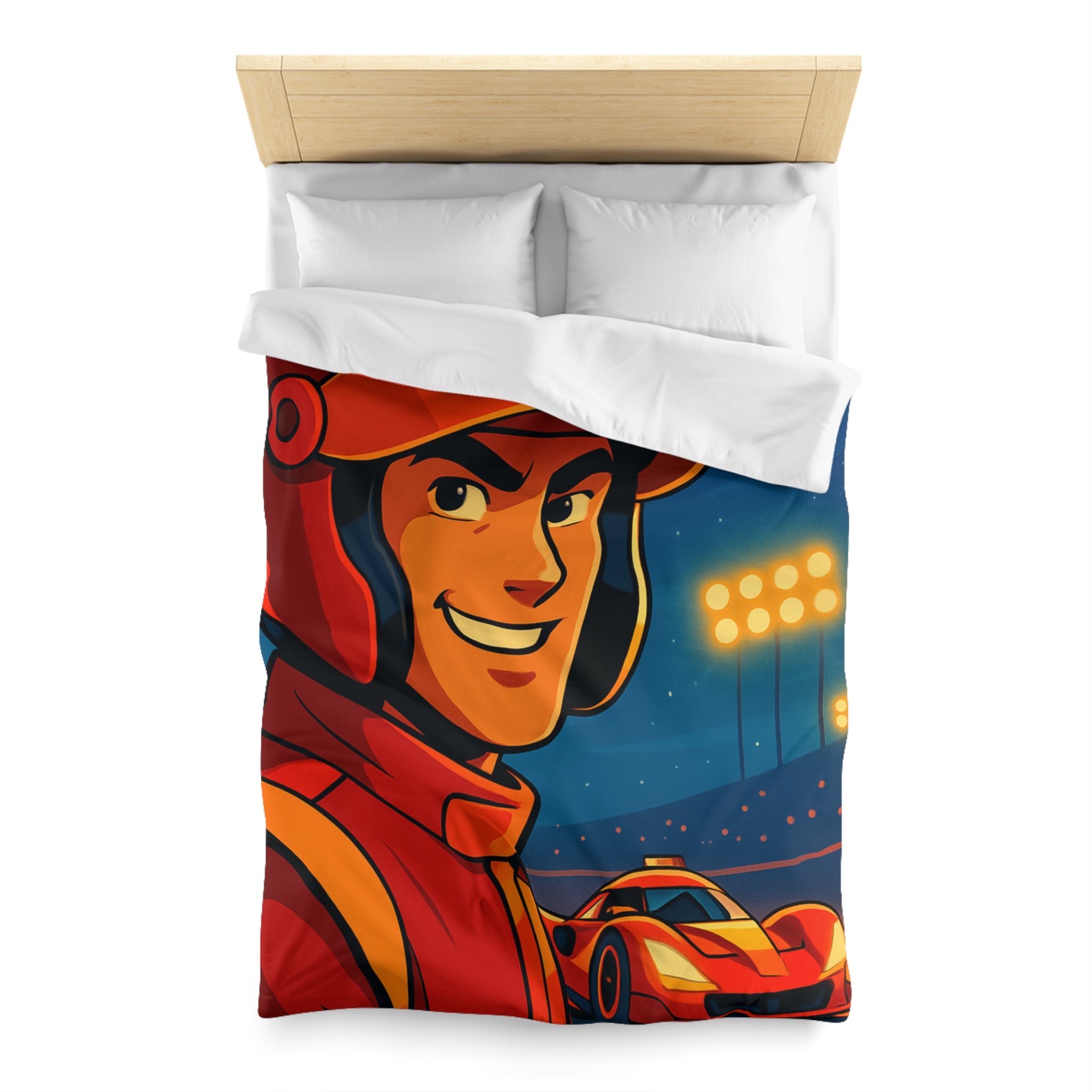 Housse de couette style course automobile avec pilote souriant et voiture rouge rapide