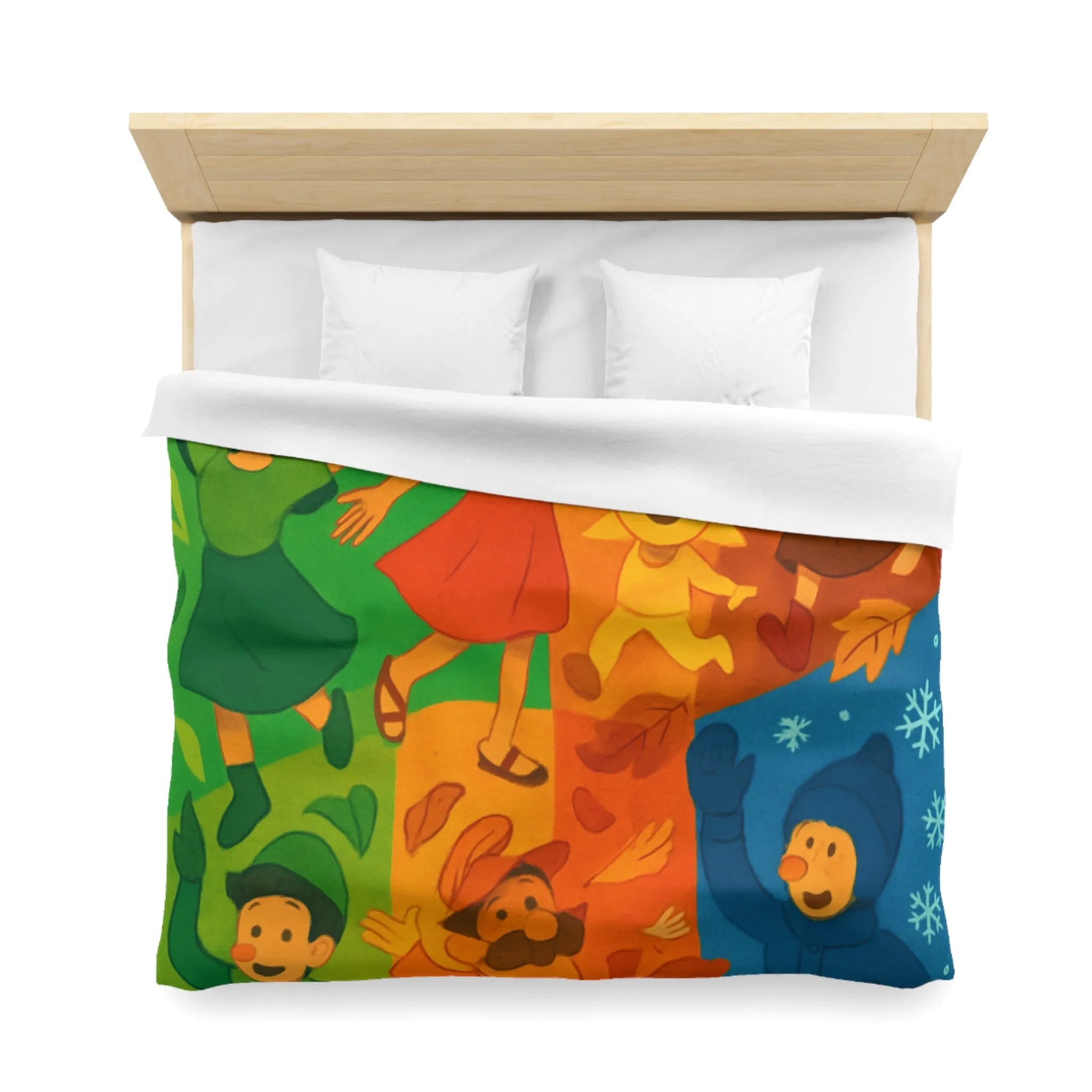 Housse de couette colorée illustrant les quatre saisons avec personnages joyeux et motifs vibrants