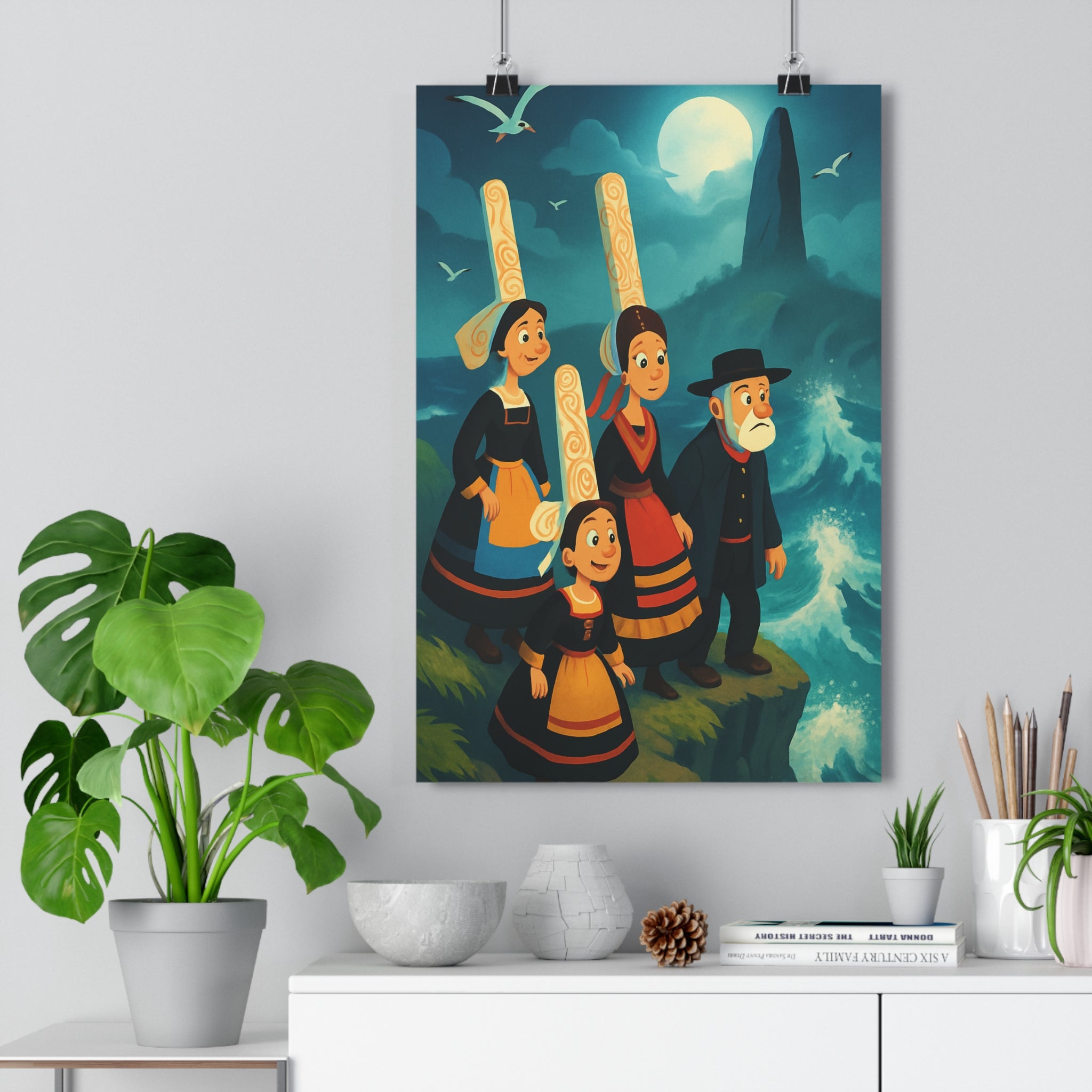 Poster décoratif celte mystique bleu vert dessin animé salon chambre océan ambiance lune falaise