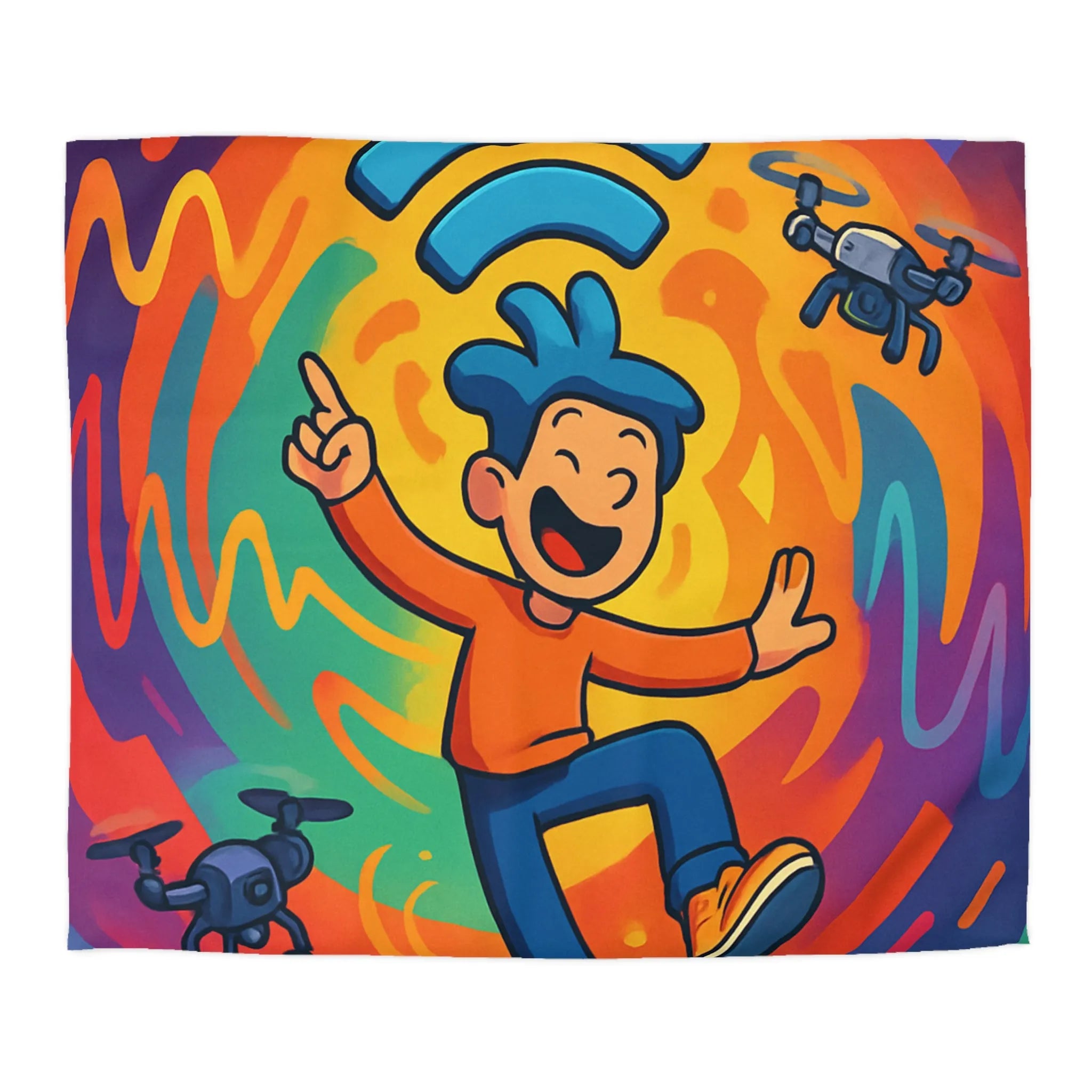 Housse de couette colorée avec personnage joyeux et drones volants autour des ondes