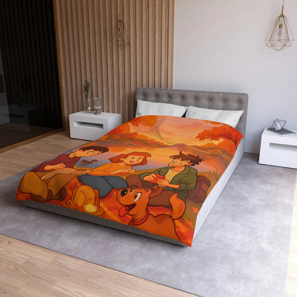 Housse de couette illustrée avec scène automnale de pique-nique au bord d'un lac