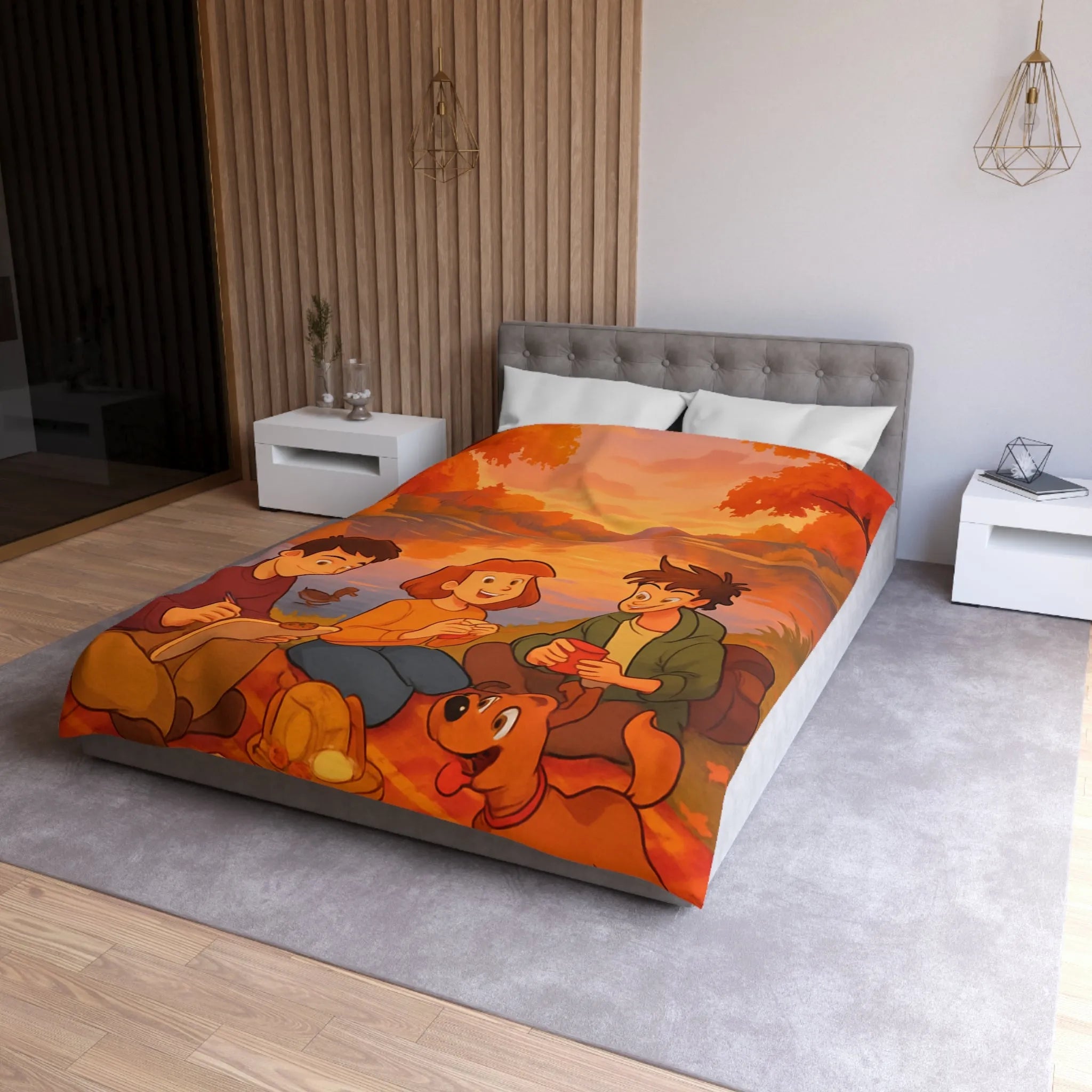 Housse de couette illustrée avec scène automnale de pique-nique au bord d'un lac