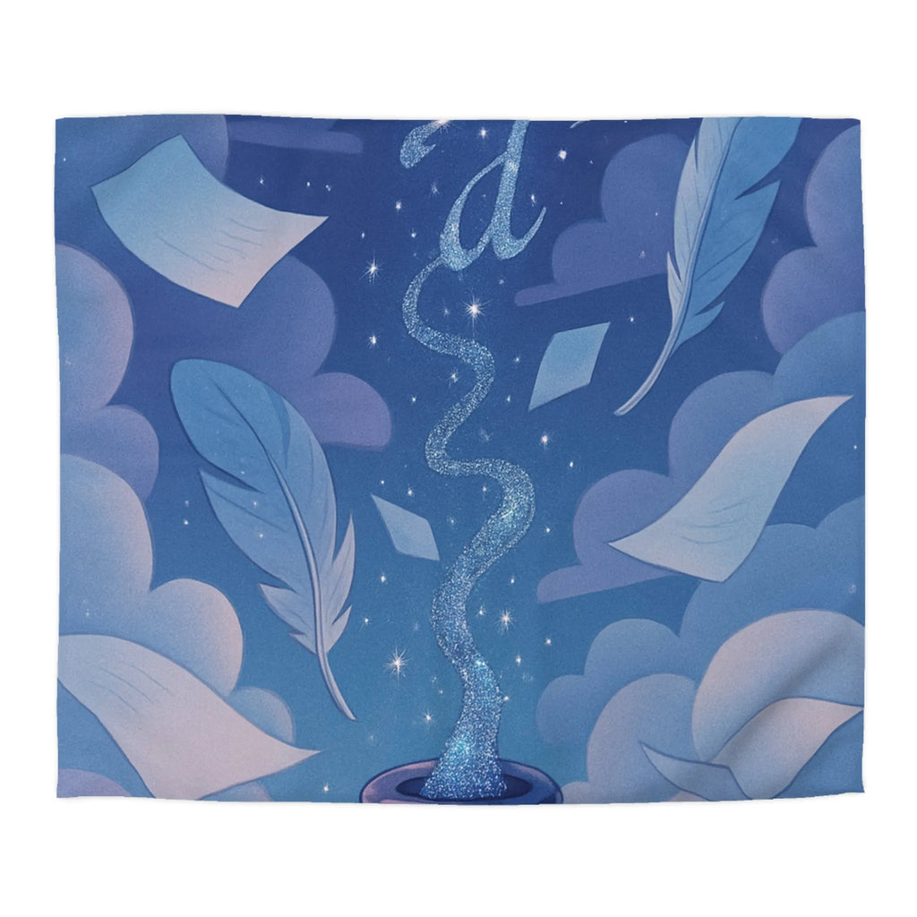 Housse de couette magique avec encre flottante, plumes et nuages rêveurs bleutés