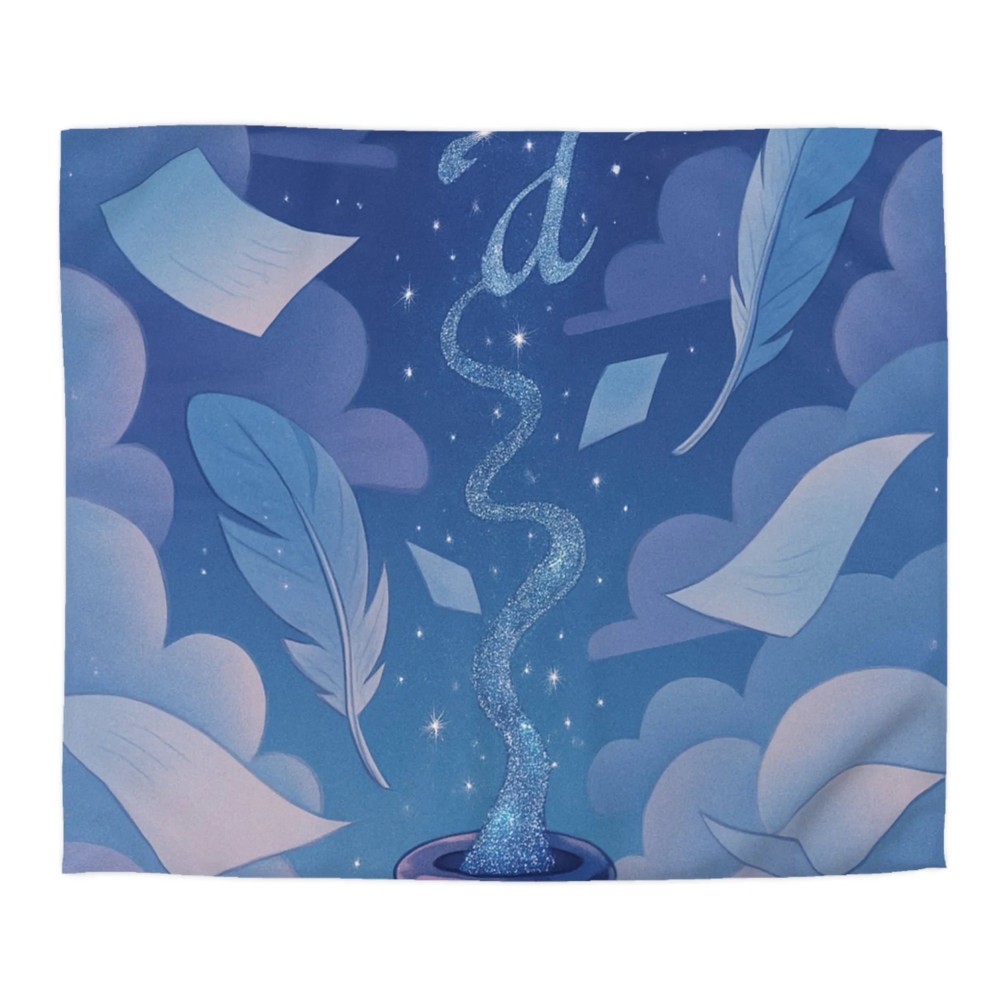 Housse de couette magique avec encre flottante, plumes et nuages rêveurs bleutés