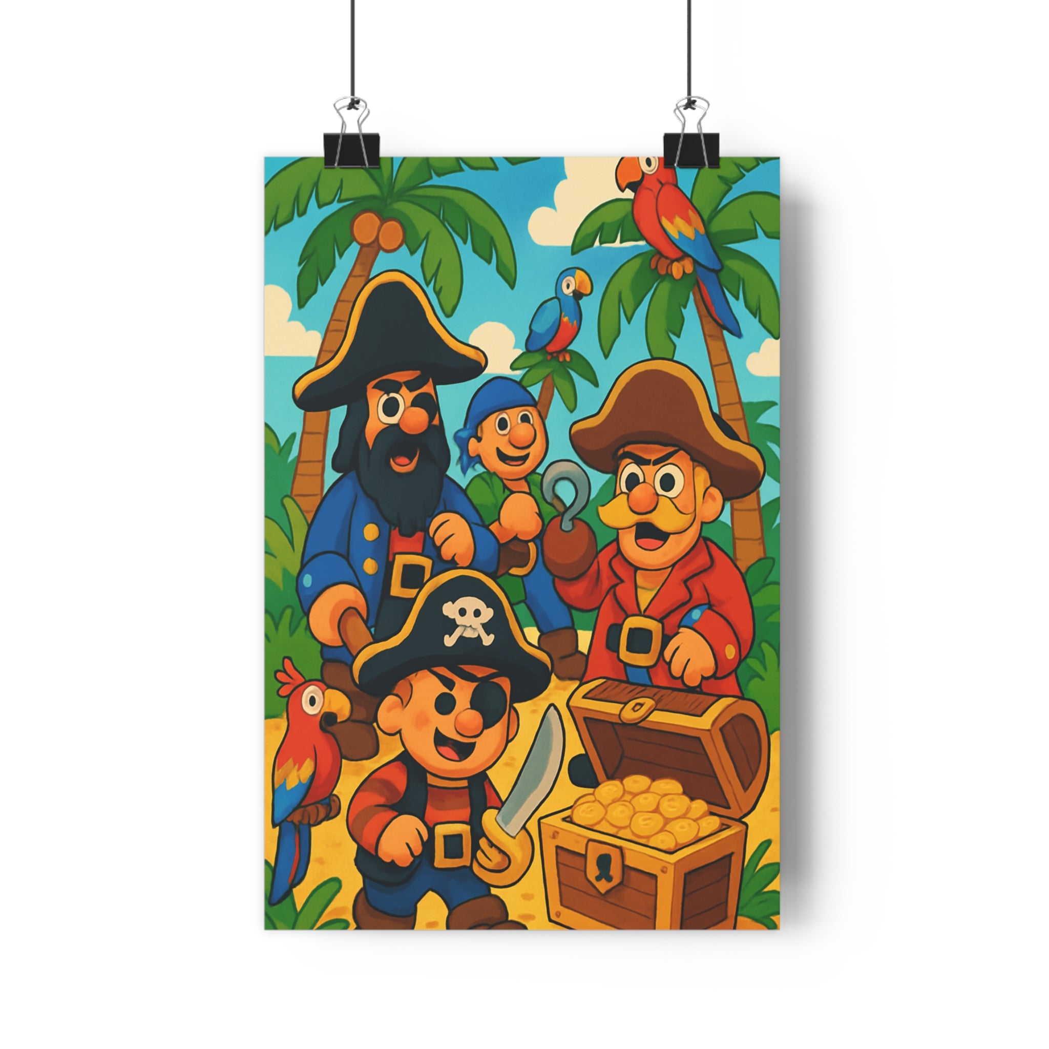 Poster décoratif enfant aventure pirate joyeux palmier perroquet trésor chambre coloré fantaisiste ludique amusant
