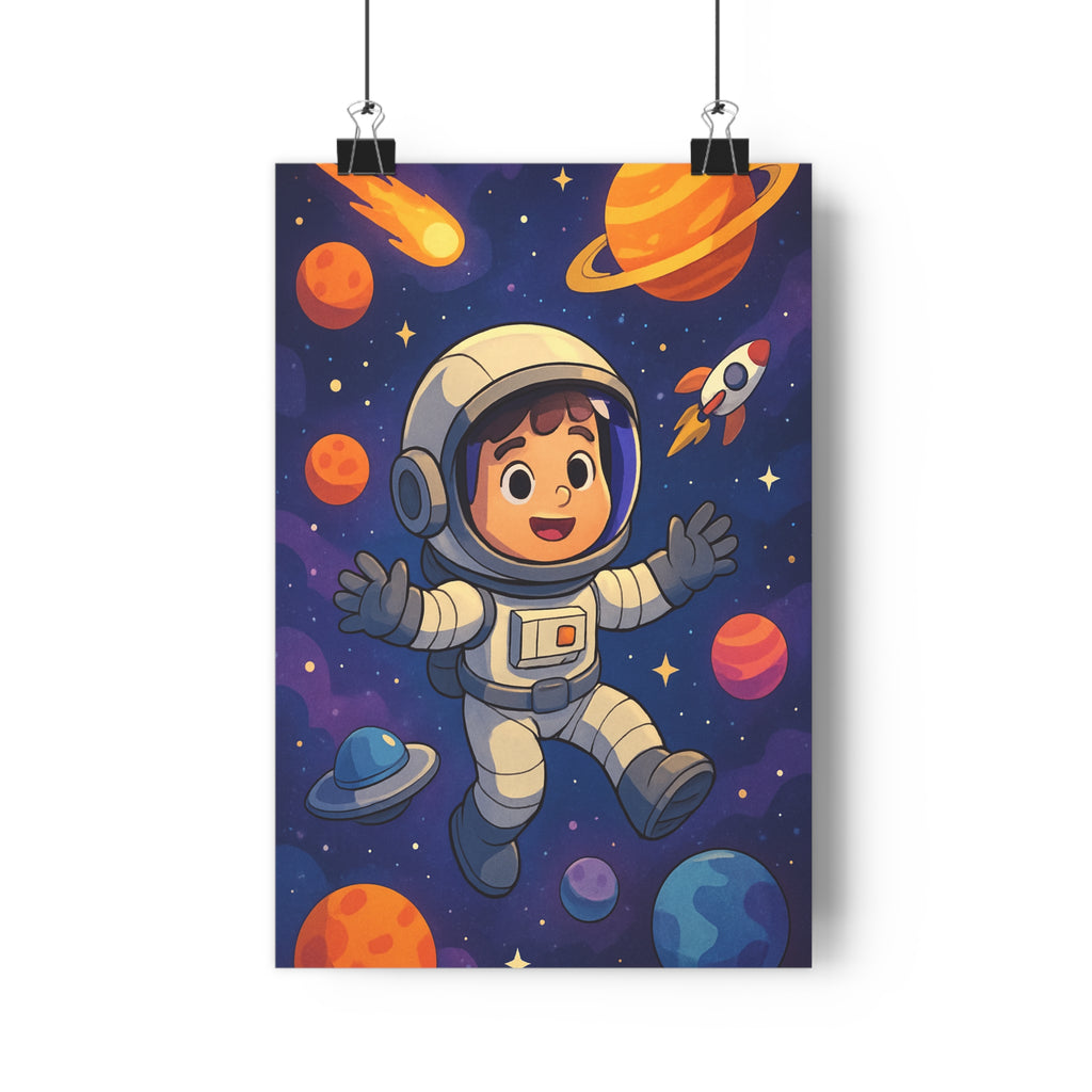Poster décoratif espace astronaute cartoon enfant aventure bleu orange violet chambre joyeux comète qualité