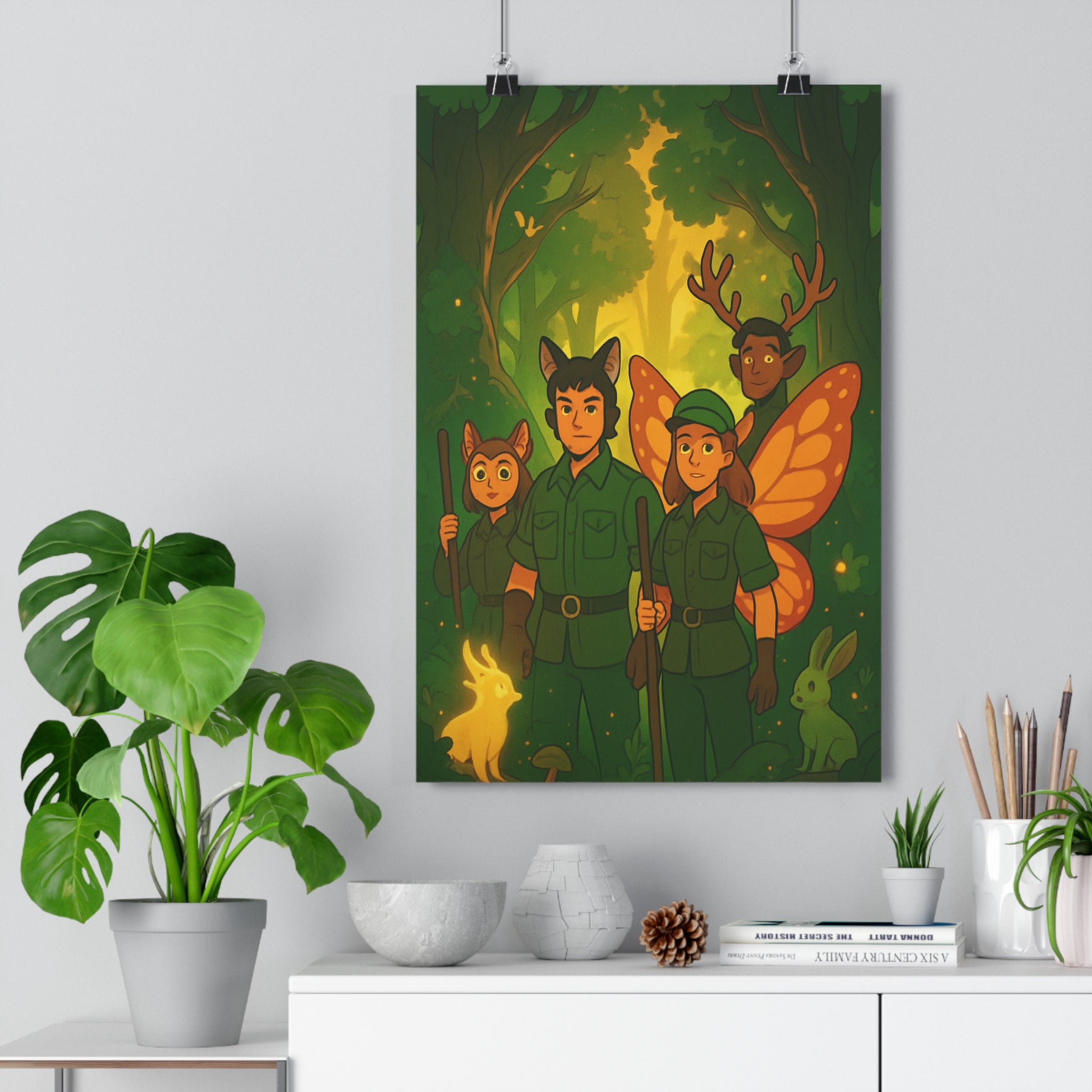 Poster décoratif enchanté vert doré mystique forêt chambre enfant fantaisie féerique animaux personnages charmant