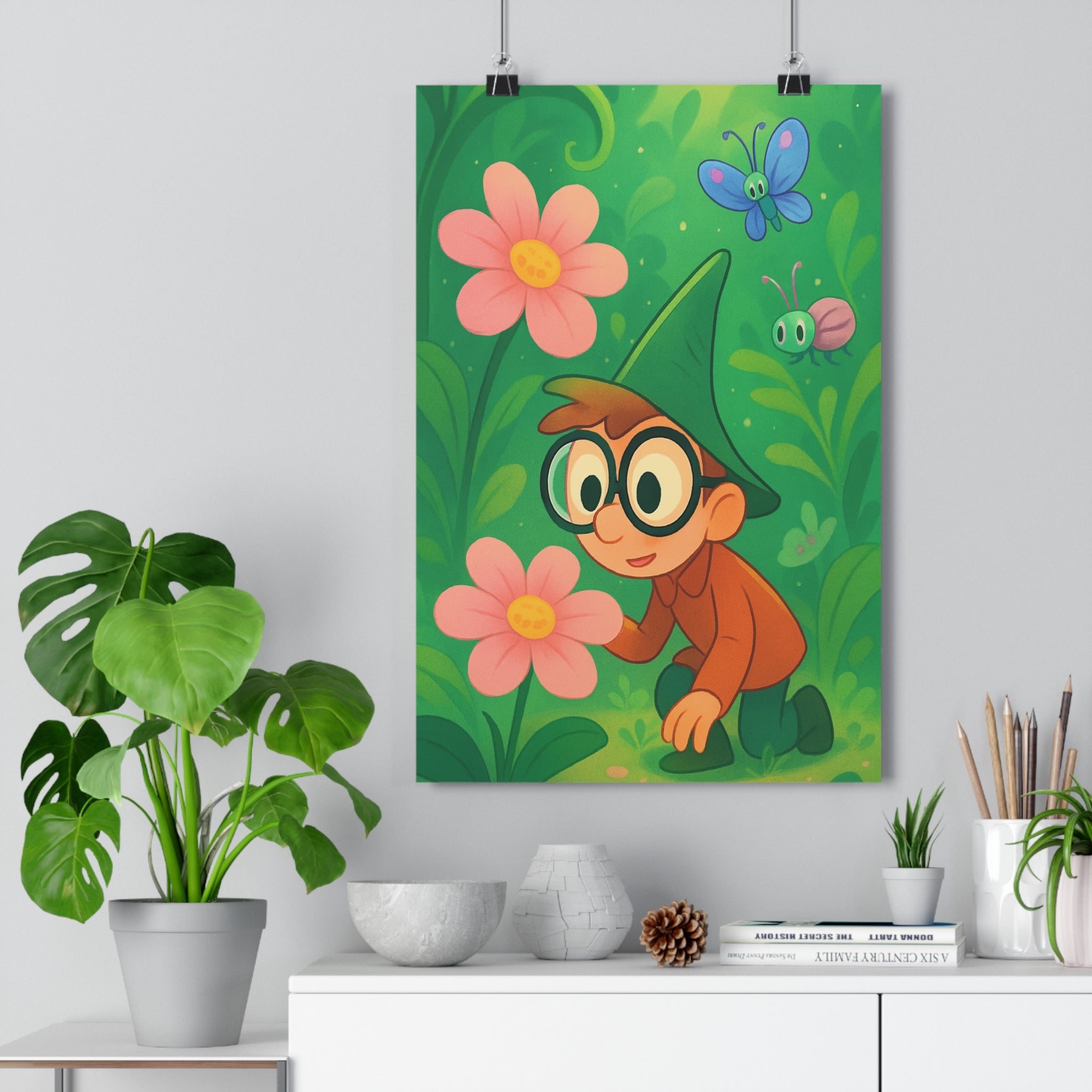 Poster décoratif cartoon féérique vert rose joyeux enchanté chambre enfant magique botanique papillon créature