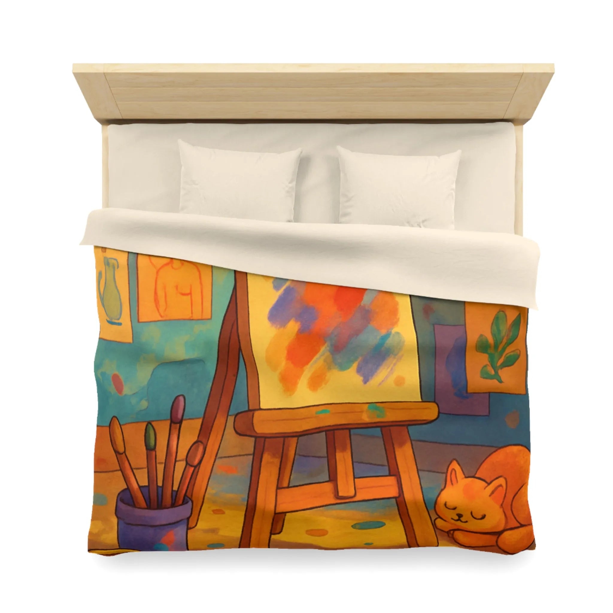 Housse de couette artistique colorée avec chevalet et chat pour une chambre cosy