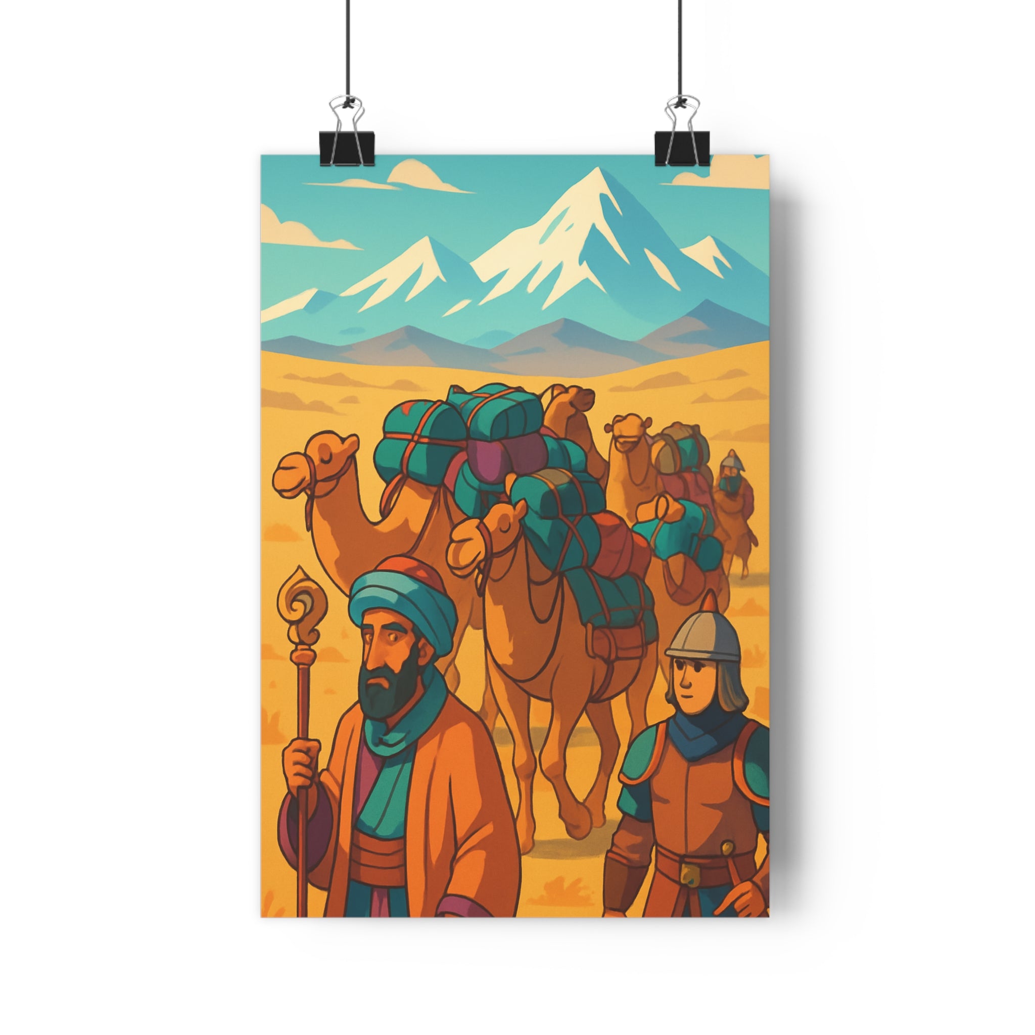 Poster décoratif cartoon ocre bleu aventure exotique chambre enfant art mural orientale ambiance cadre