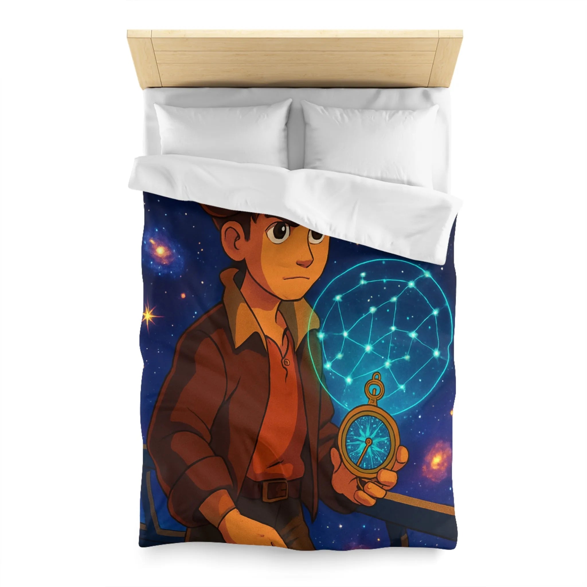 Housse de Couette Enfant Univers Galactique Garçon et Boussole Vintage Motif Étoilé