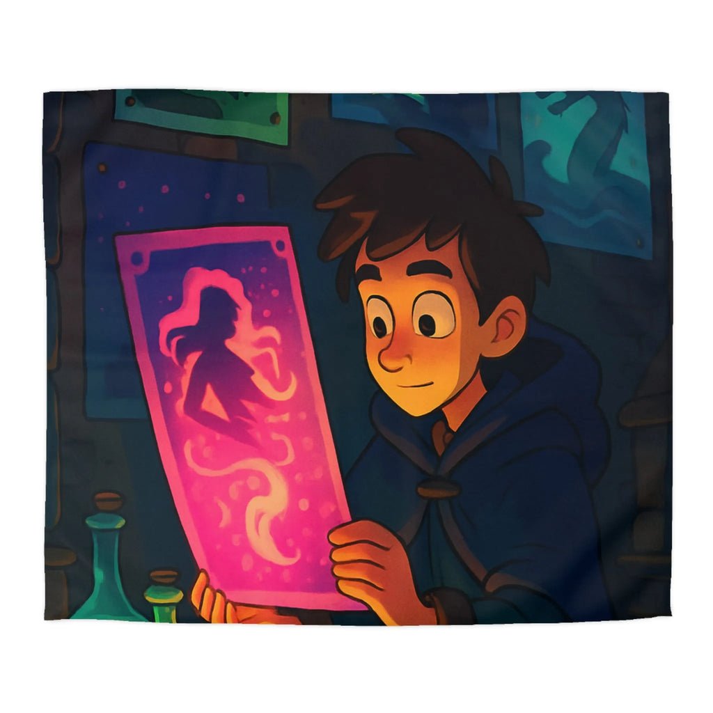 Enfant Magicien Lisant Papyrus Magique Avec Décor De Potions Et Affiches Mystiques