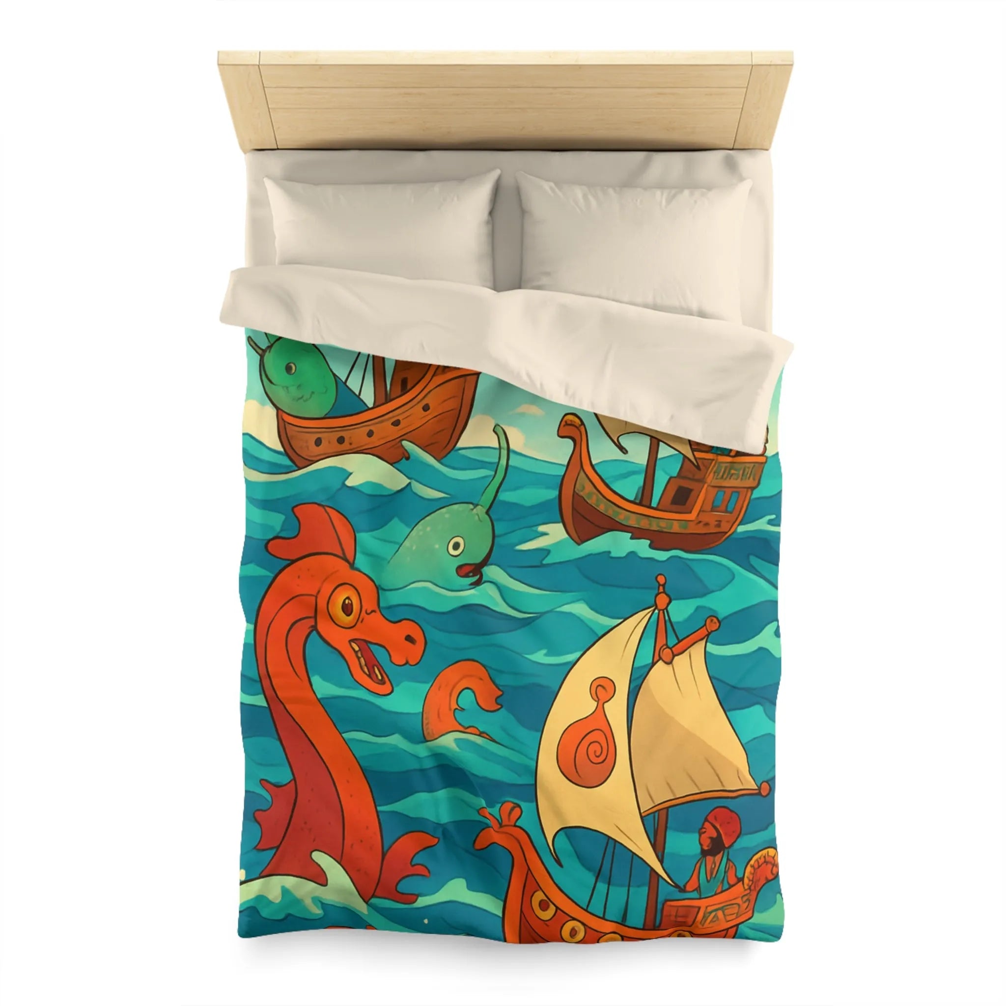 Housse de Couette Colorée avec Bateaux et Créatures Maritimes dans Stil Nautique Fantasy