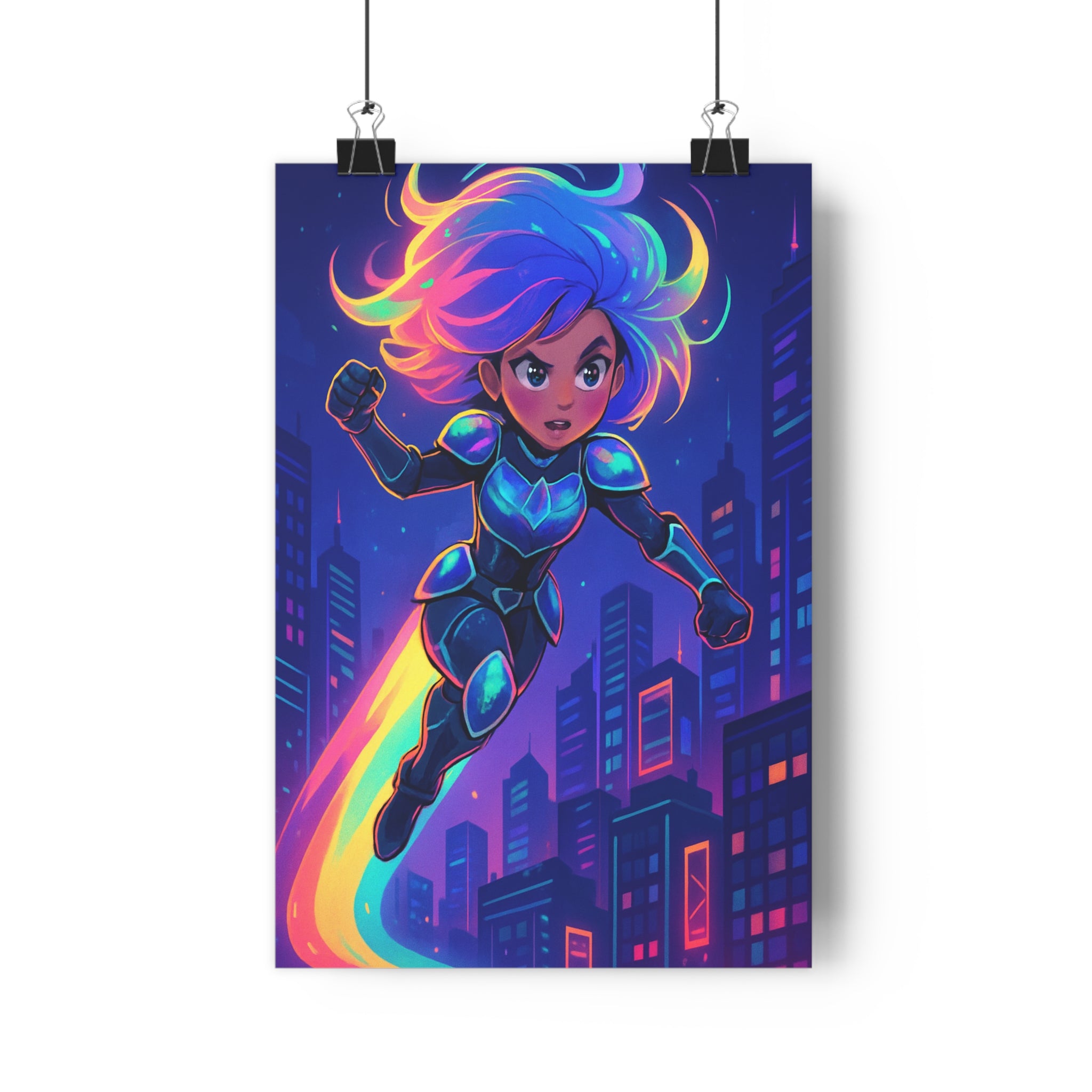 Poster décoratif héros stylisé néon bleu violet rose anime cyberpunk moderne dynamique chambre énergique