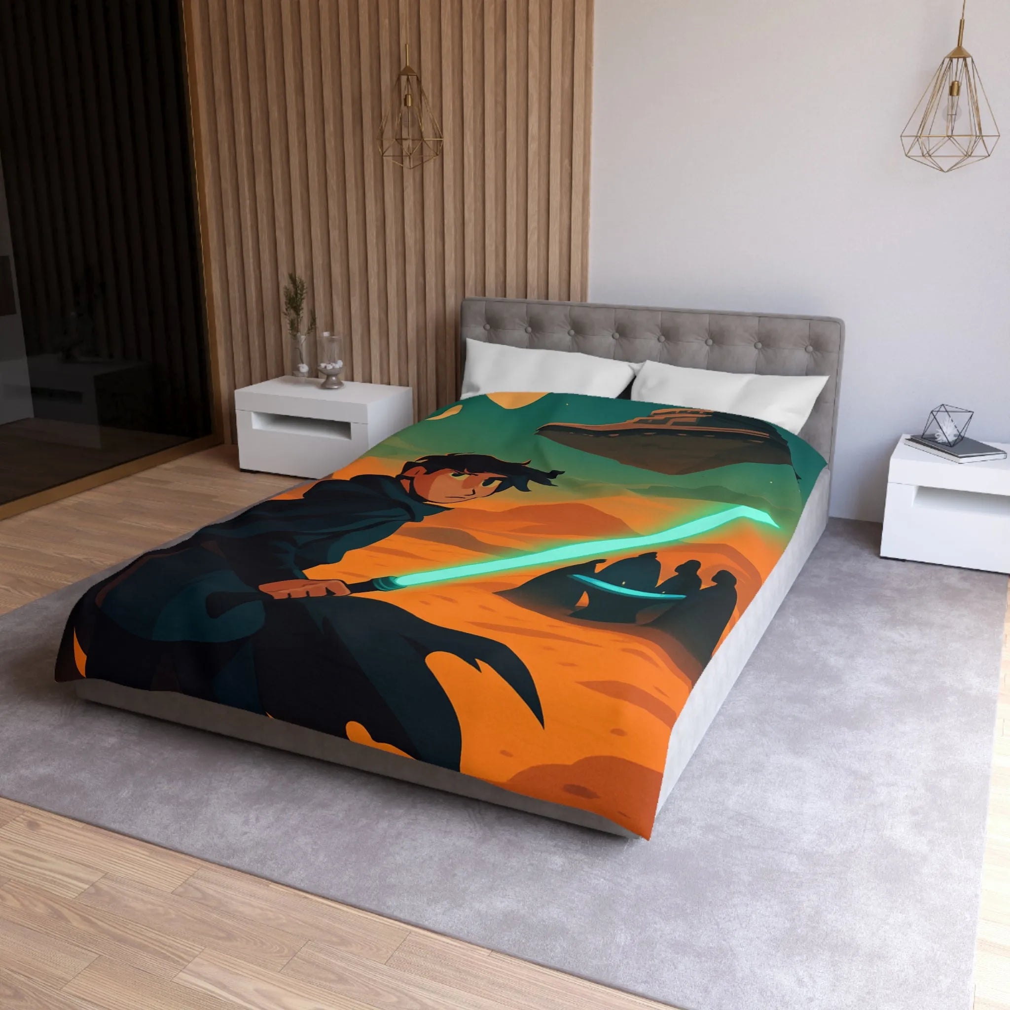 Épique scène de science-fiction avec héros sabre lumineux et vaisseau spatial en arrière-plan