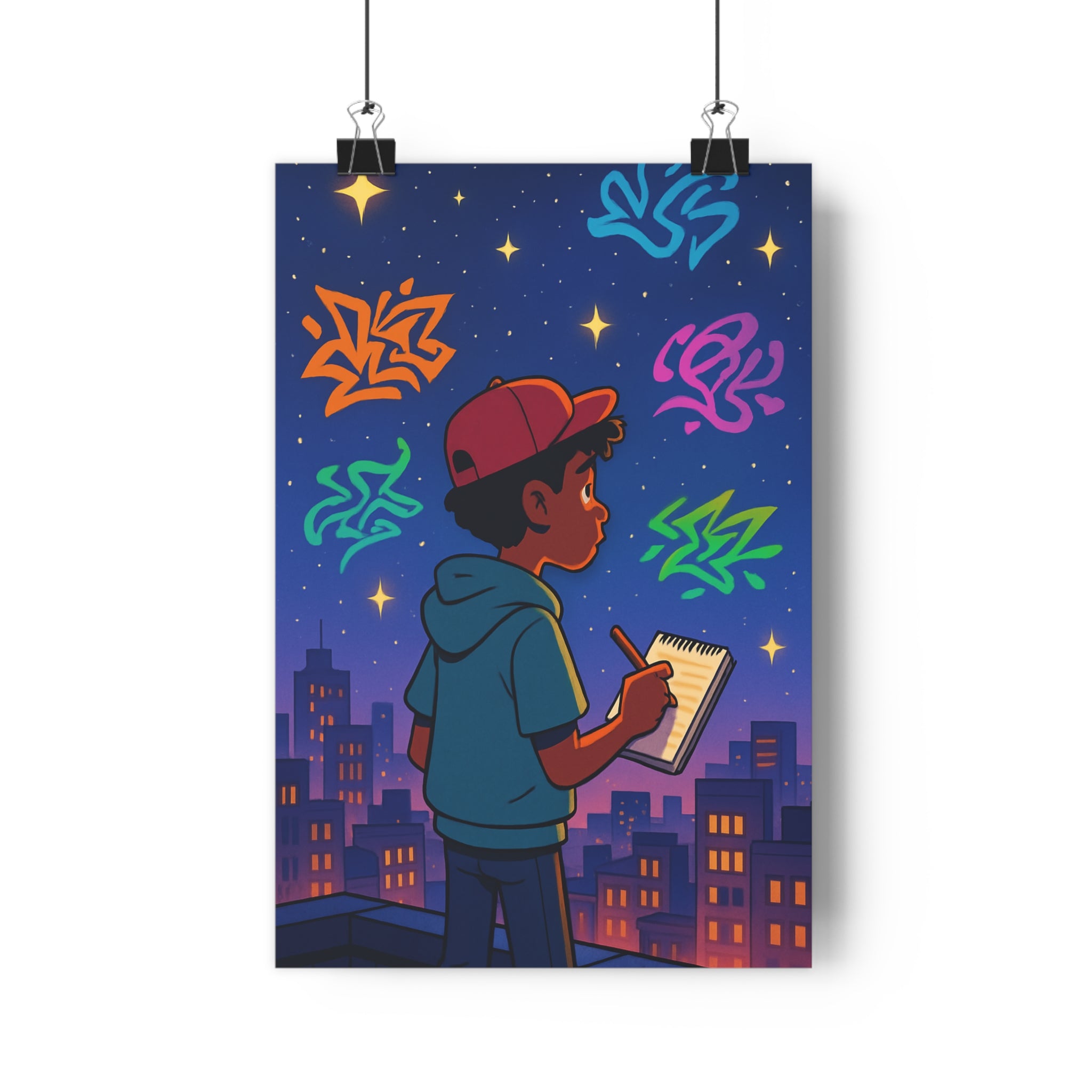 Poster décoratif poétique cartoon bleu vert orange rêveur chambre enfant graffiti urbain lumineux illumination