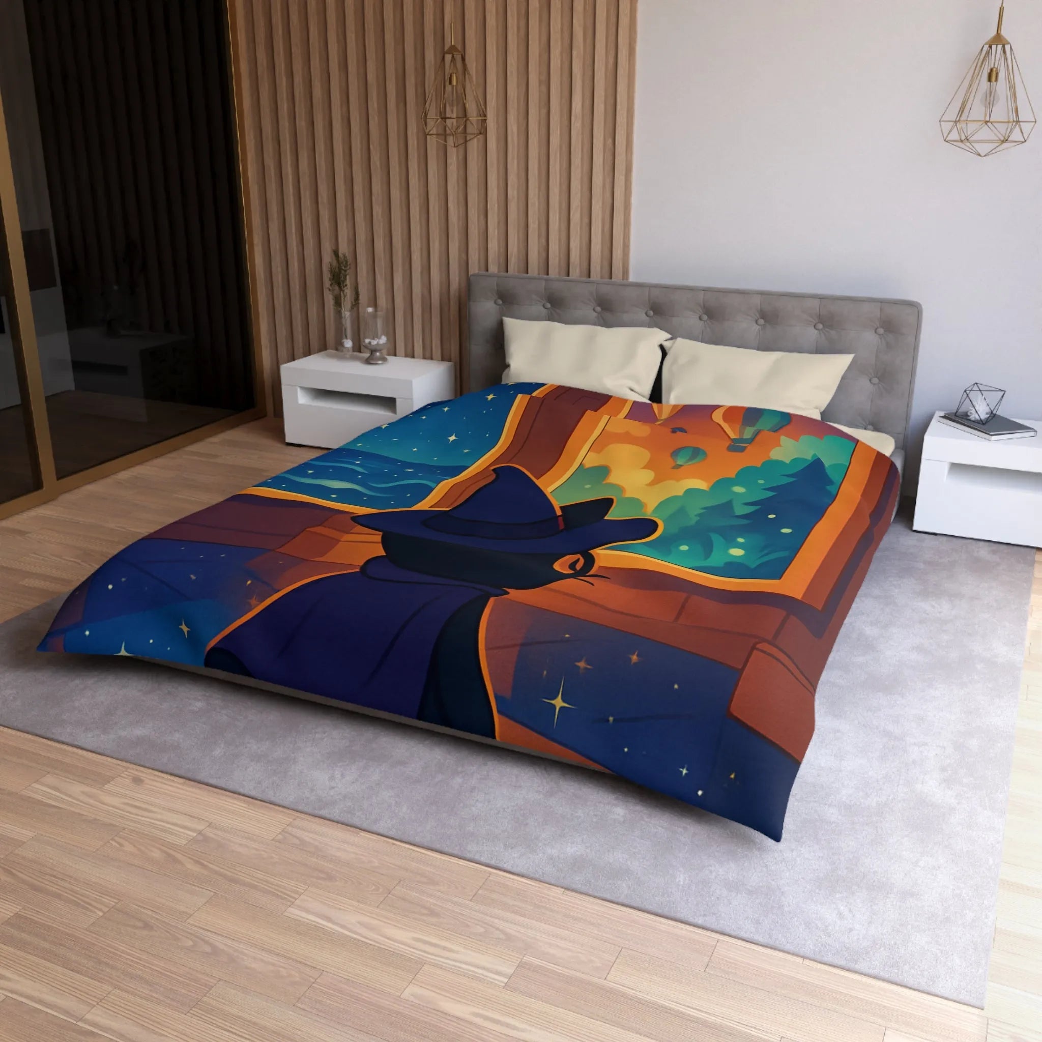Housse de couette ambiance nocturne avec chat sorcier et paysages enchanteurs colorés