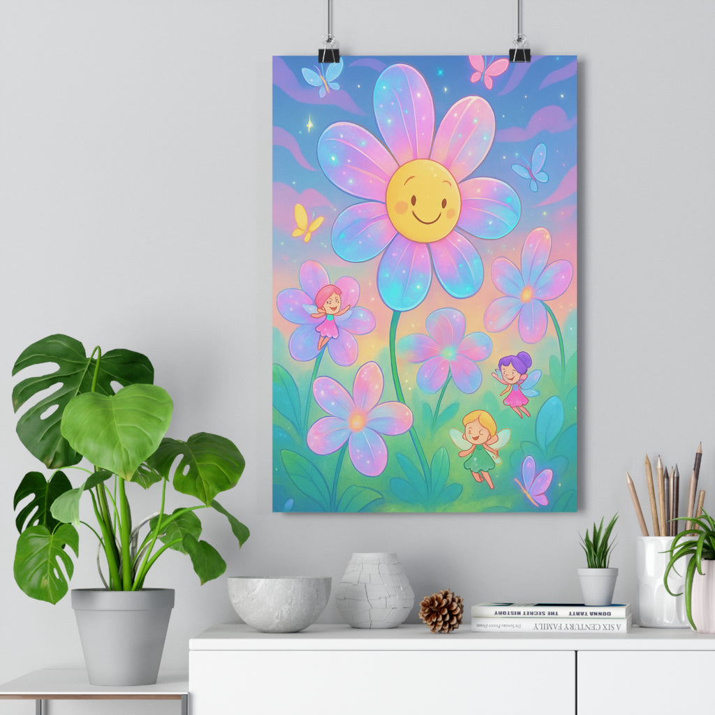 Poster décoratif féerique violet rose cartoon magique joyeux chambre enfant fleur papillons fées rêve