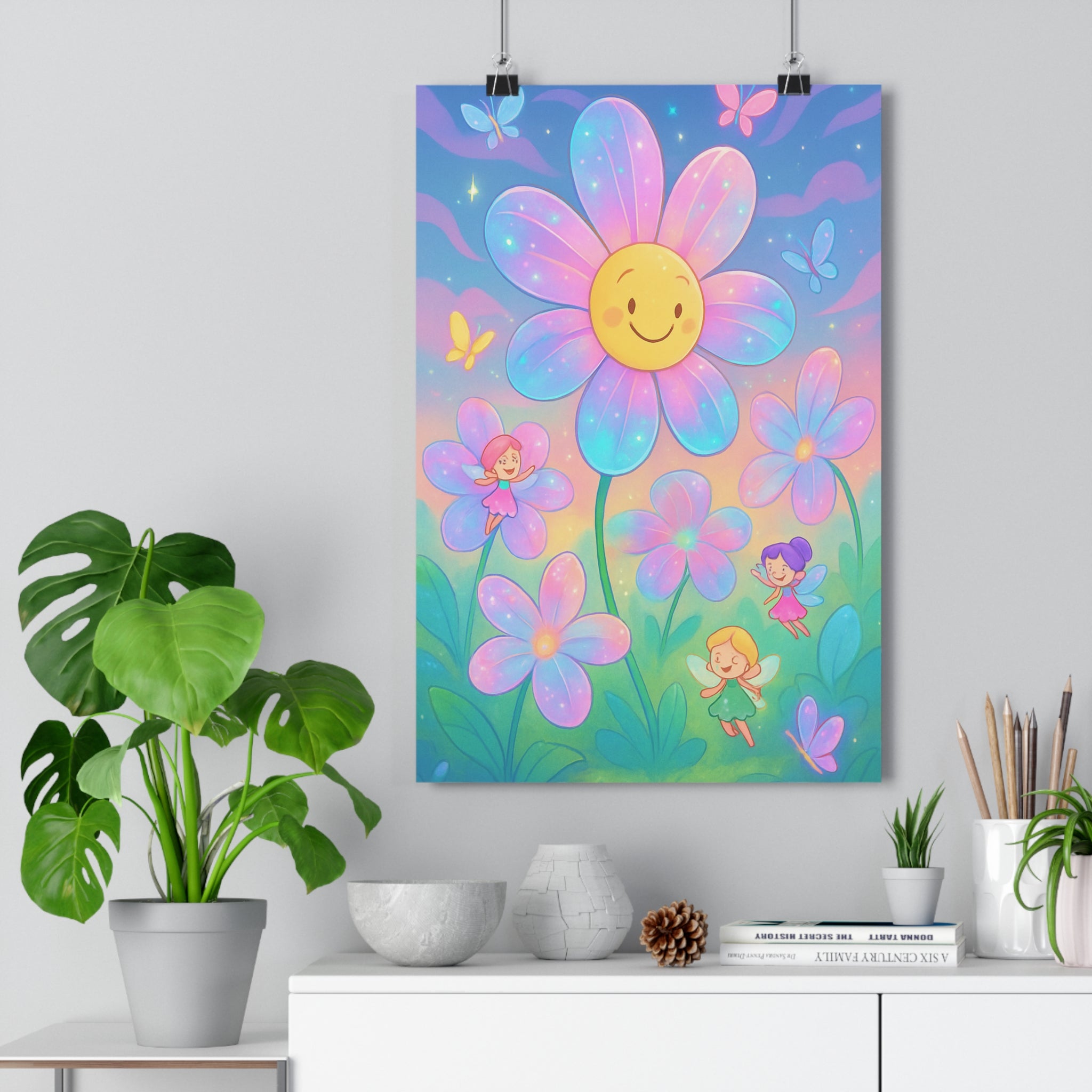 Poster décoratif féerique violet rose cartoon magique joyeux chambre enfant fleur papillons fées rêve