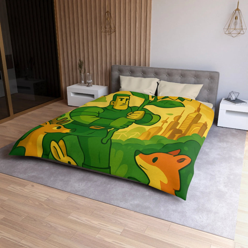 Housse de couette avec illustration végétale et animaux dans une ambiance futuriste naturelle