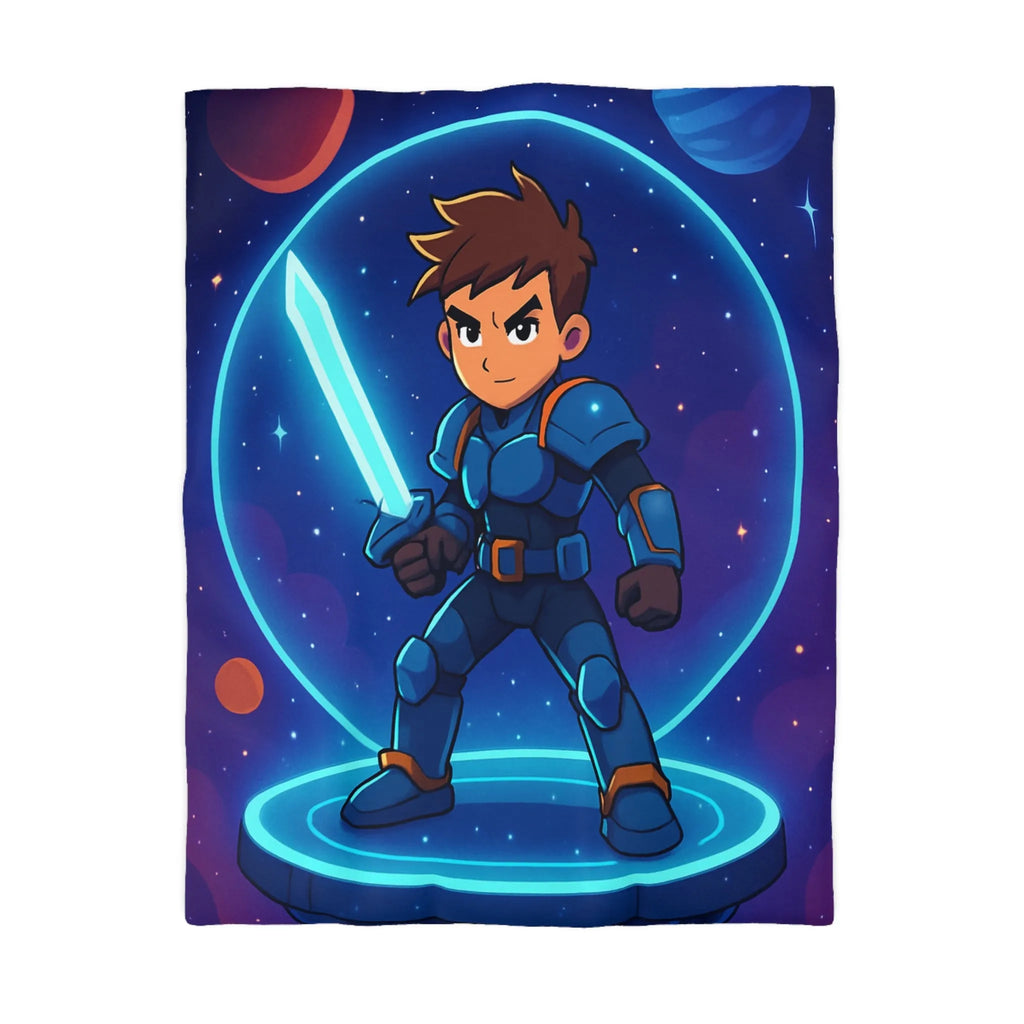 Ensemble galactique animé avec jeune héros et épée lumineuse sur fond cosmique vibrant