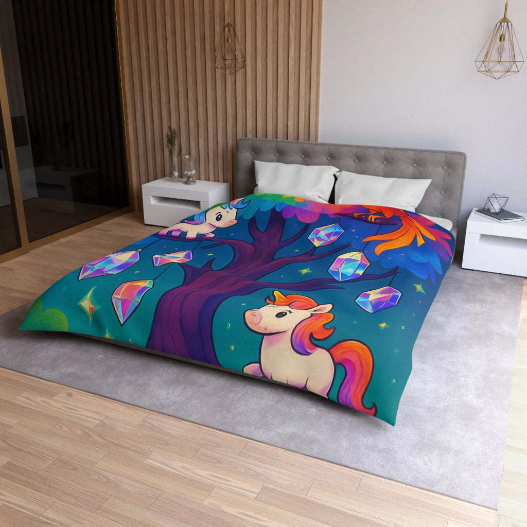 Housse de couette enfantine avec licornes, phénix, arbre magique et cristaux lumineux