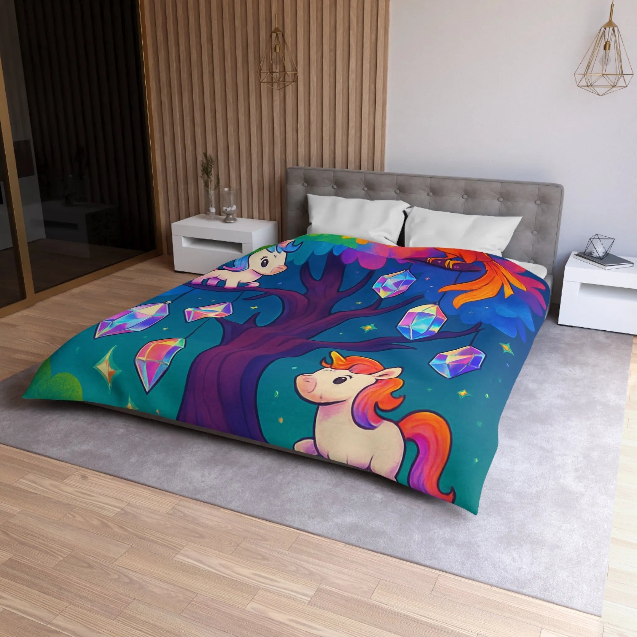 Housse de couette enfantine avec licornes, phénix, arbre magique et cristaux lumineux