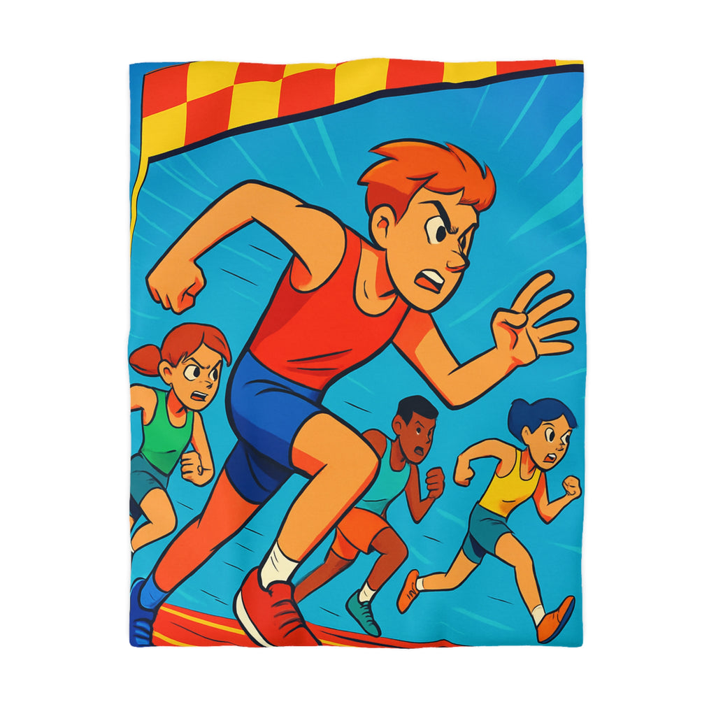 Housse de couette vibrant style bande dessinée enfants courant vers la ligne d'arrivée