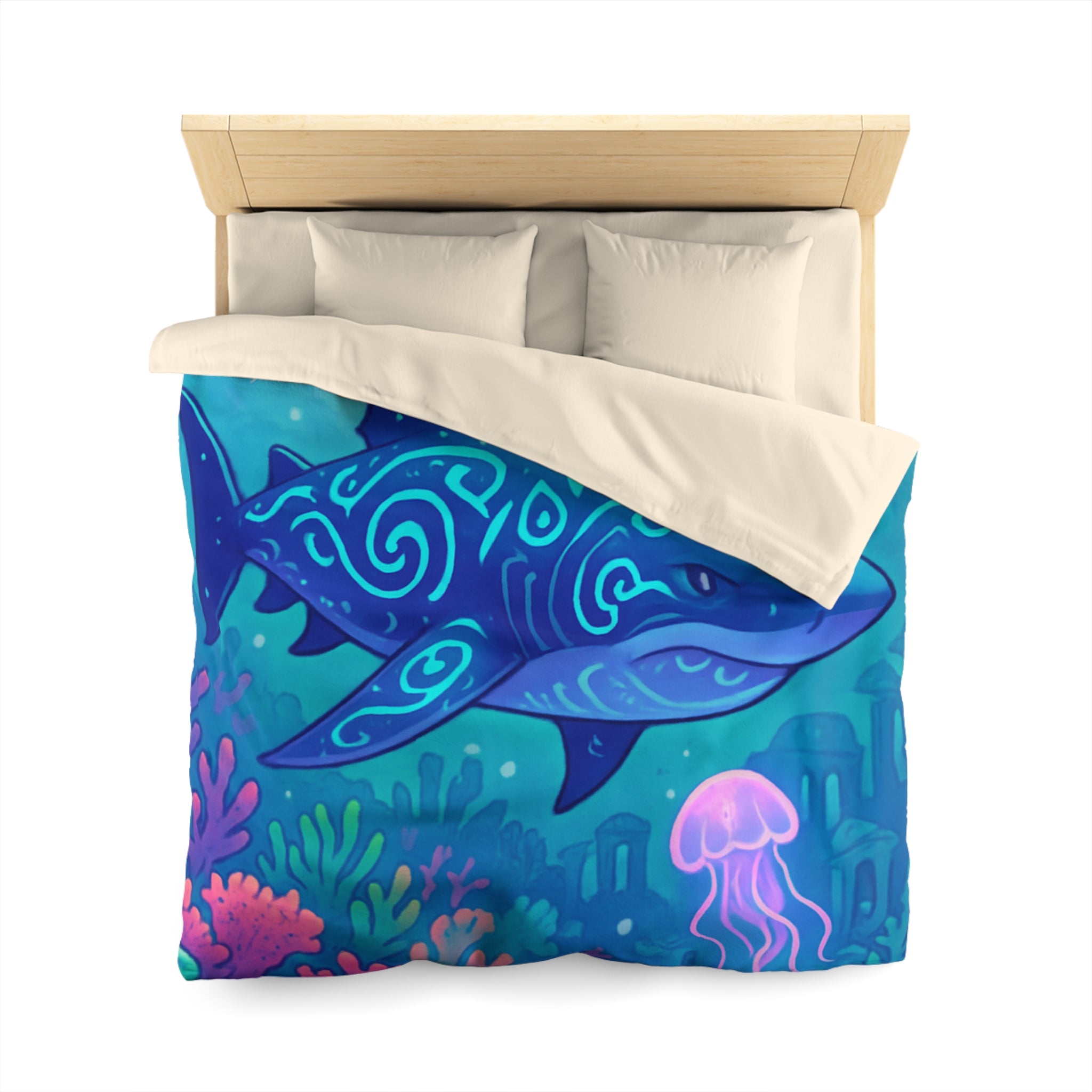 Housse de couette océan fantastique avec requin luminescent et méduses colorées