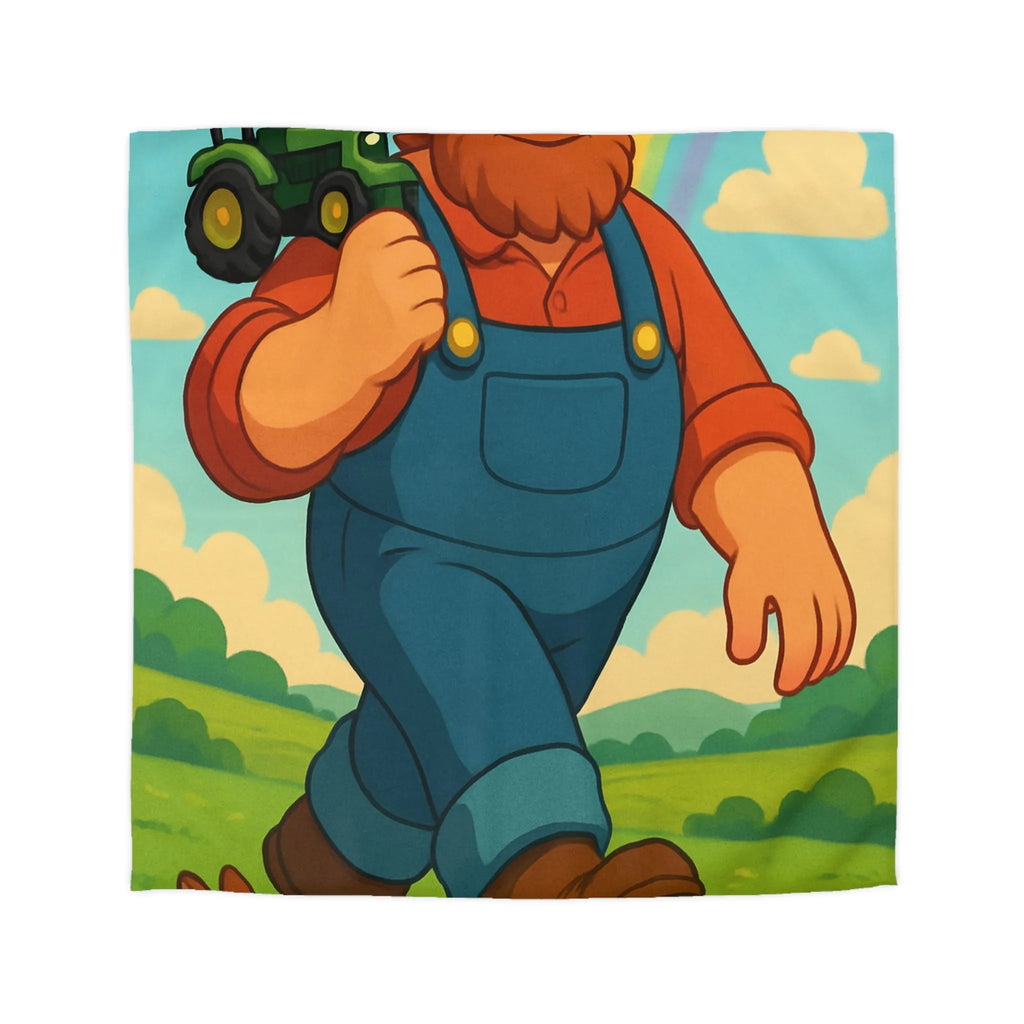 Housse de couette fermier joyeux avec animaux, arc-en-ciel et tracteur, paysage coloré