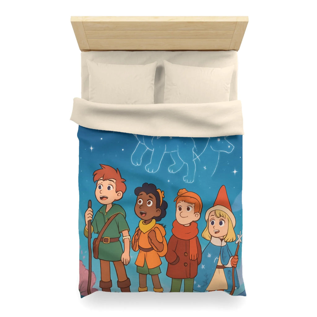 Housse de couette colorée avec enfants aventuriers et constellations nuit étoilée