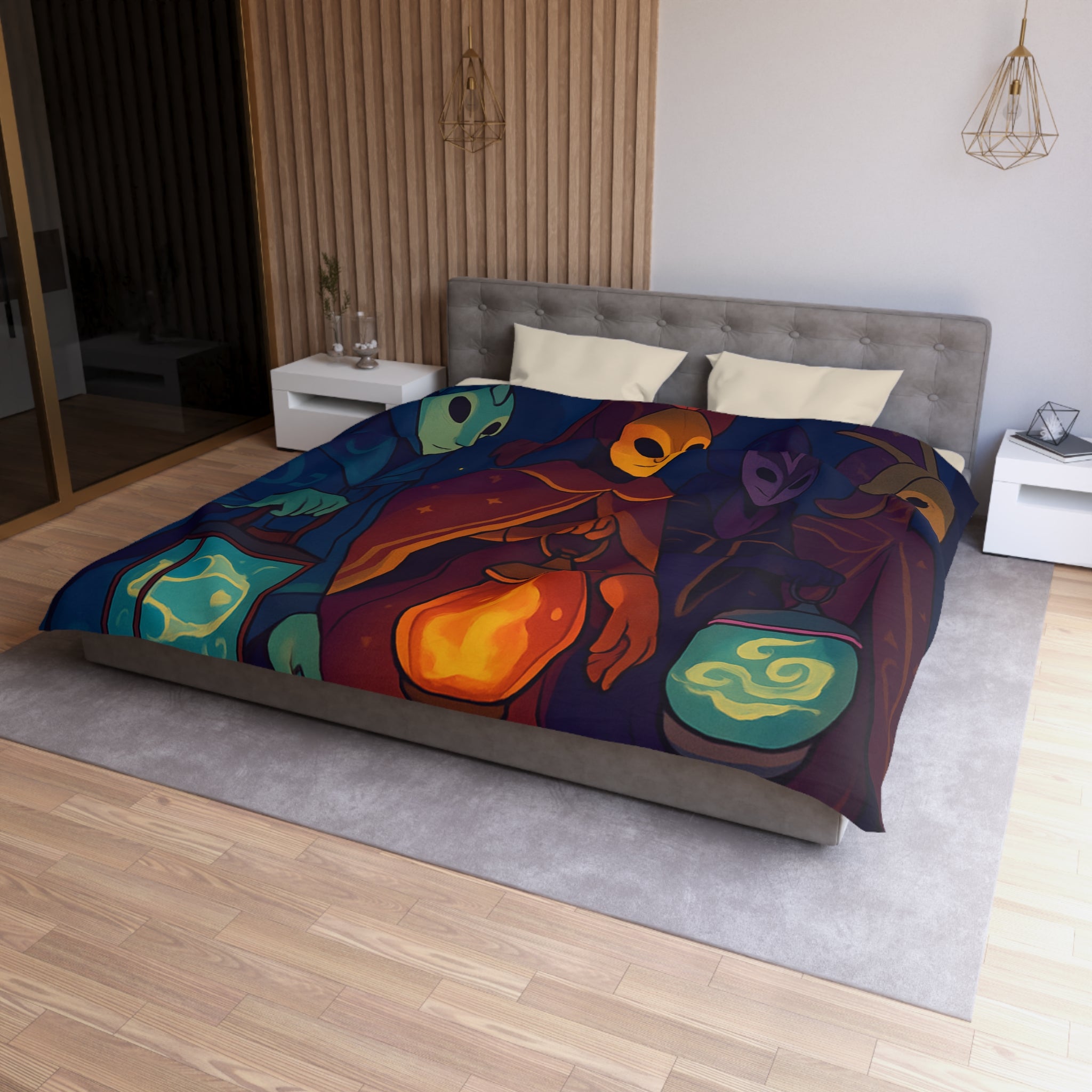 Housse de couette mystérieuse avec personnages masqués et lanternes en forêt étoilée