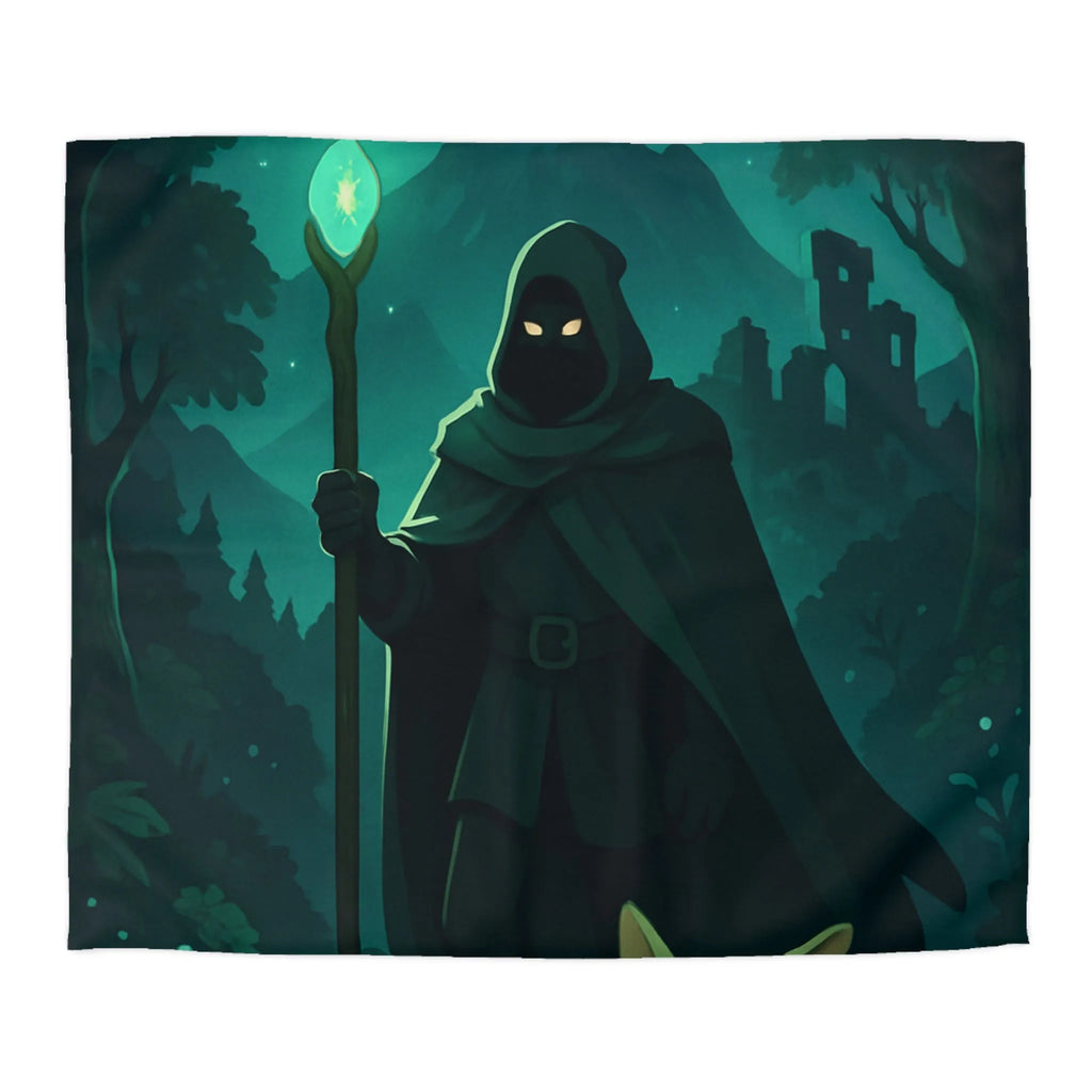 Housse de couette magique avec sorcier nocturne et créature enchantée sous lune étoilée
