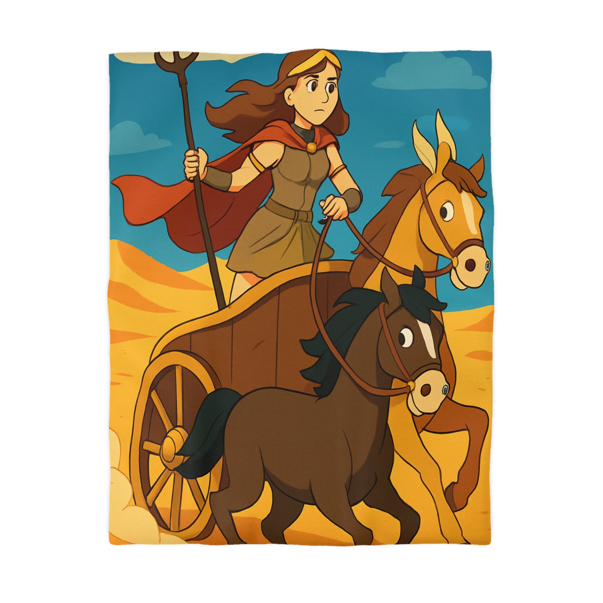 Housse de couette représentant guerrière en char avec chevaux marron dans désert animé