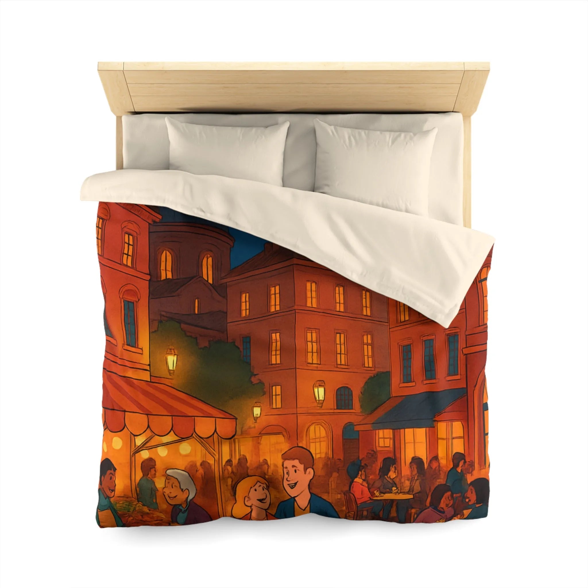 Housse de couette avec scène nocturne urbaine animée sous ciel étoilé