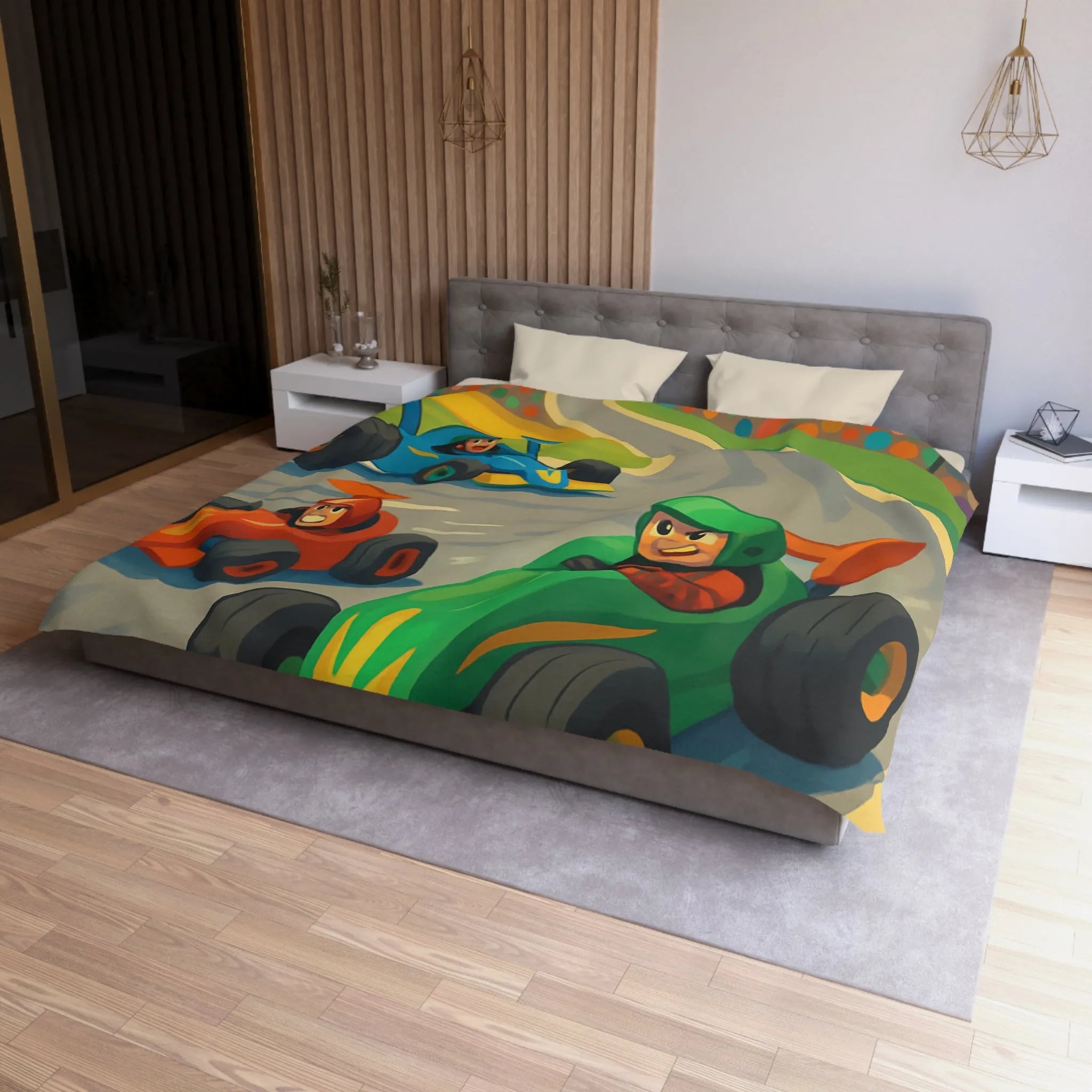 Housse de couette course de voitures pour chambre d'enfant ambiance rétro colorée