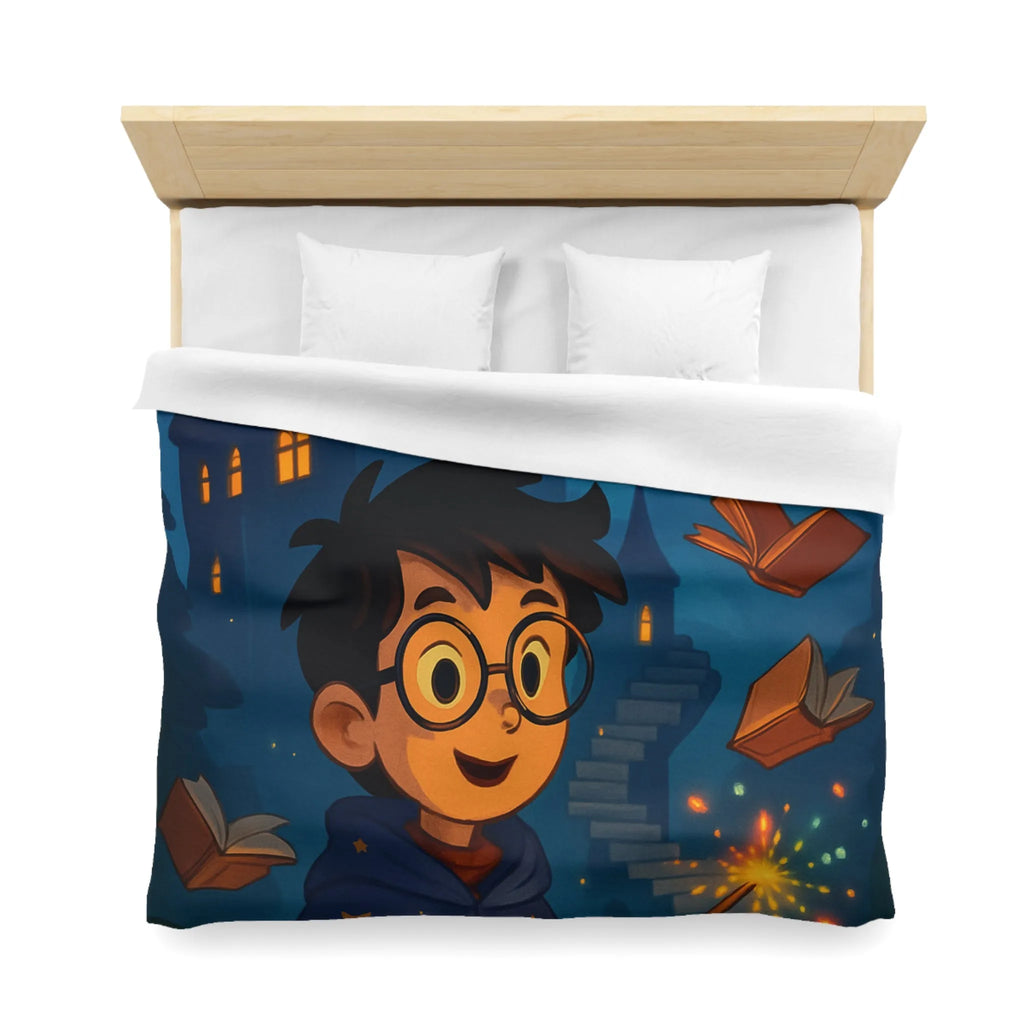 Housse de couette magique avec sorcier, hibou, château et livres enchantés étoiles