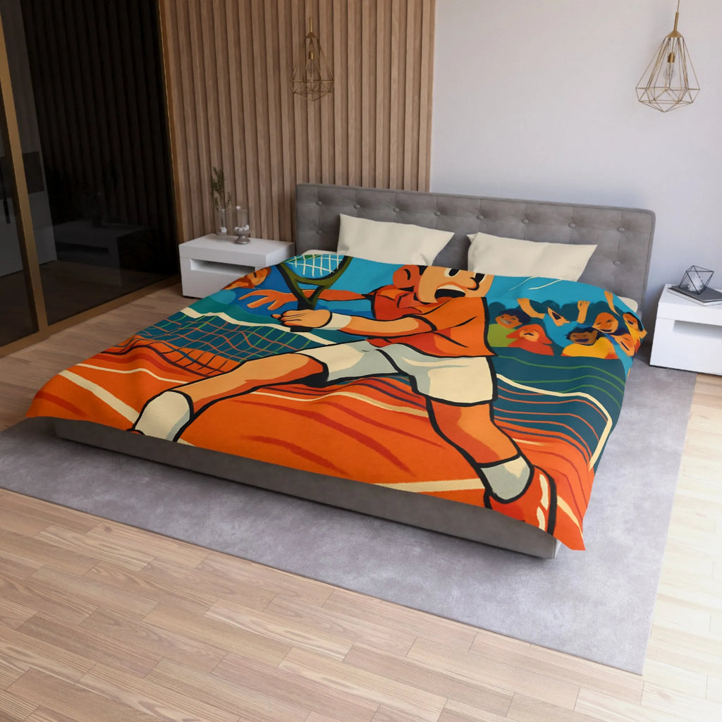 Dessin Animé Joueur de Tennis Dynamique en Action sur Court avec Public Enthousiaste