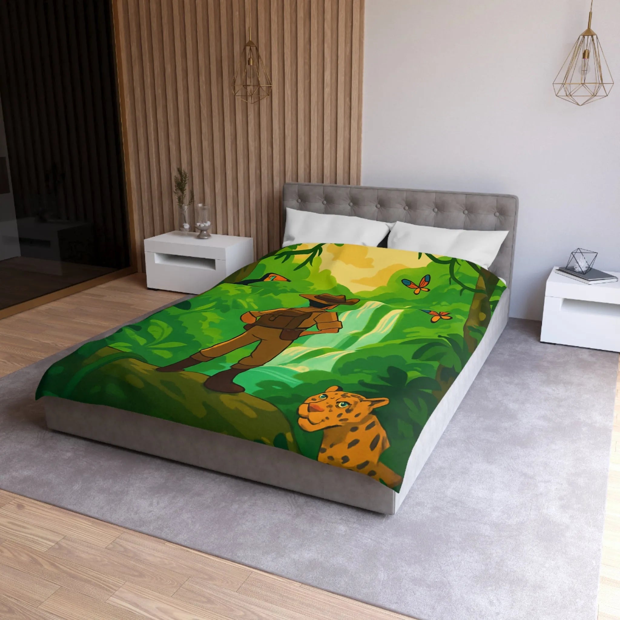 Housse de couette jungle exotique avec explorateur, toucan et paysages luxuriants