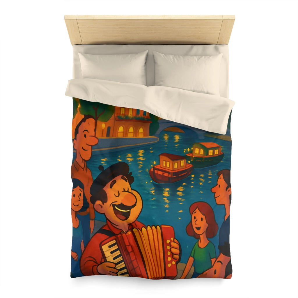 Housse de couette avec illustration animée d'une scène joyeuse au bord de la rivière