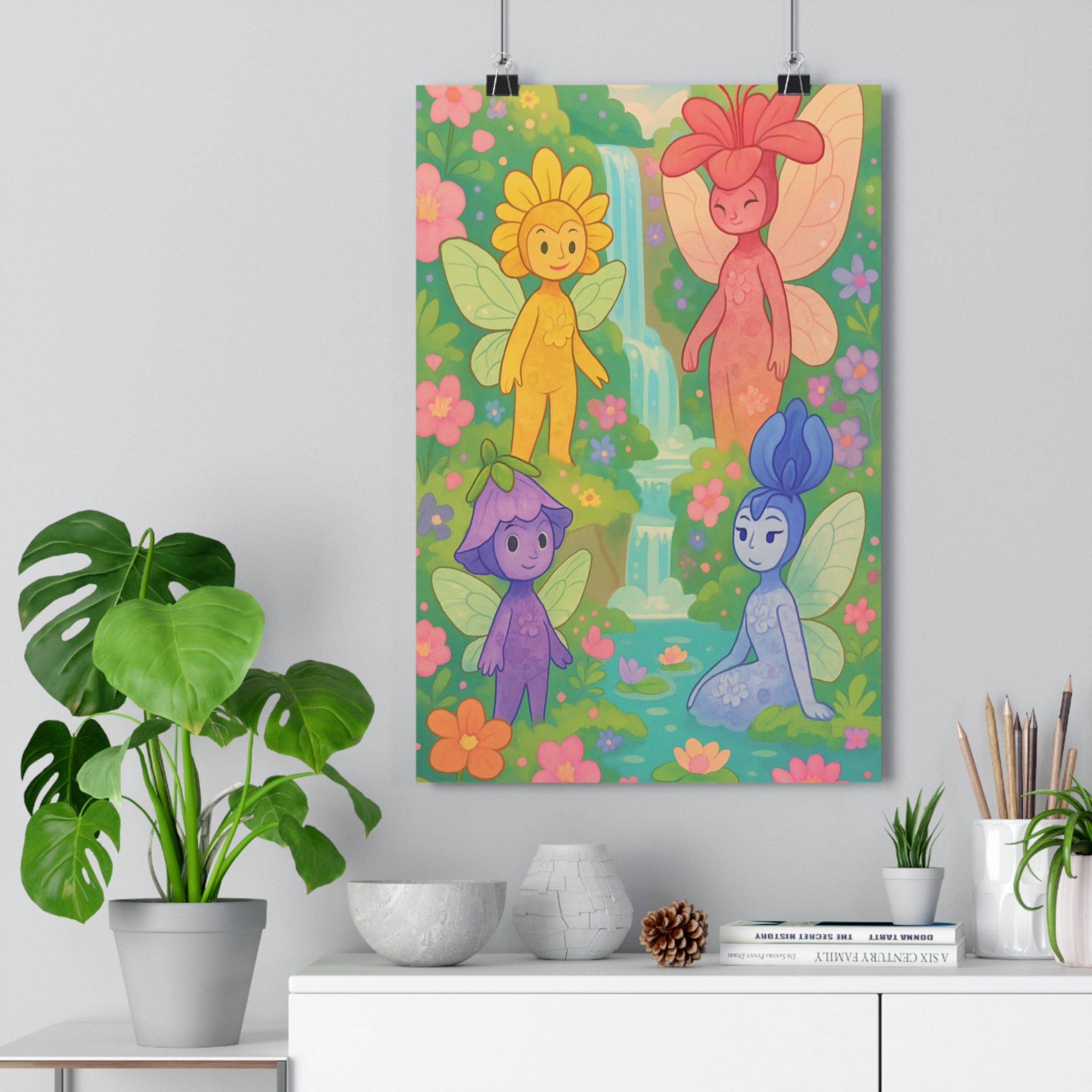 Poster décoratif anime féerique pastel jaune rose bleu violet salon chambre magique ambiance fantastique