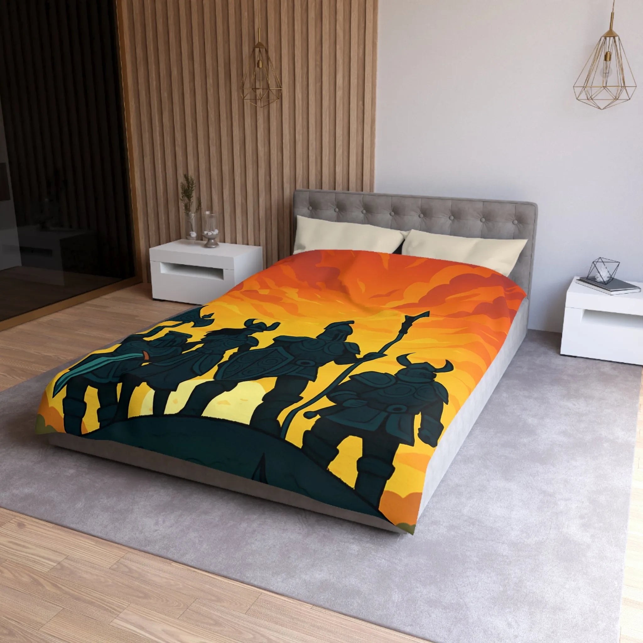 Housse de couette épique avec guerriers sous ciel flamboyant pour décoration médiévale