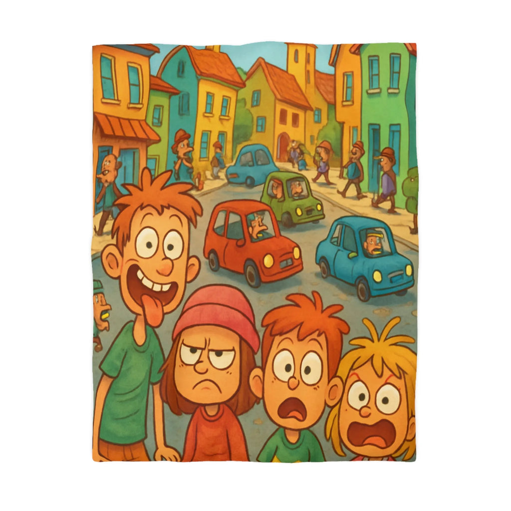 Housse de couette enfants joyeuse ville animée avec personnages colorés et expressions vives