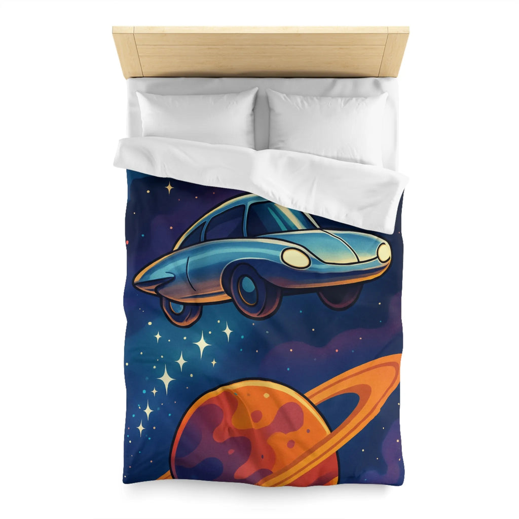 Housse de Couette Artistique Spatiale avec Voiture Volante et Planète Saturne Colorée